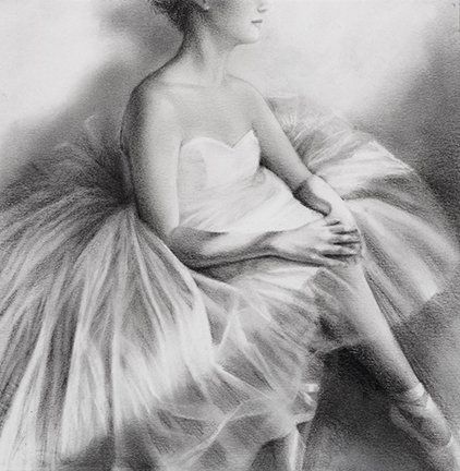 A black and white drawing of a ballerina sitting on a chair.