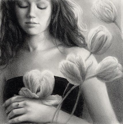 A black and white drawing of a woman surrounded by flowers