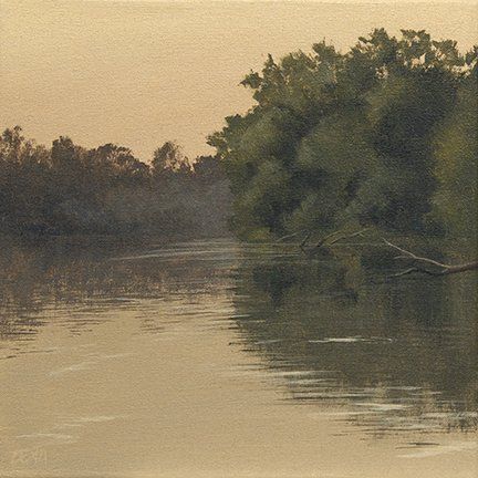 A painting of a river with trees on the shore