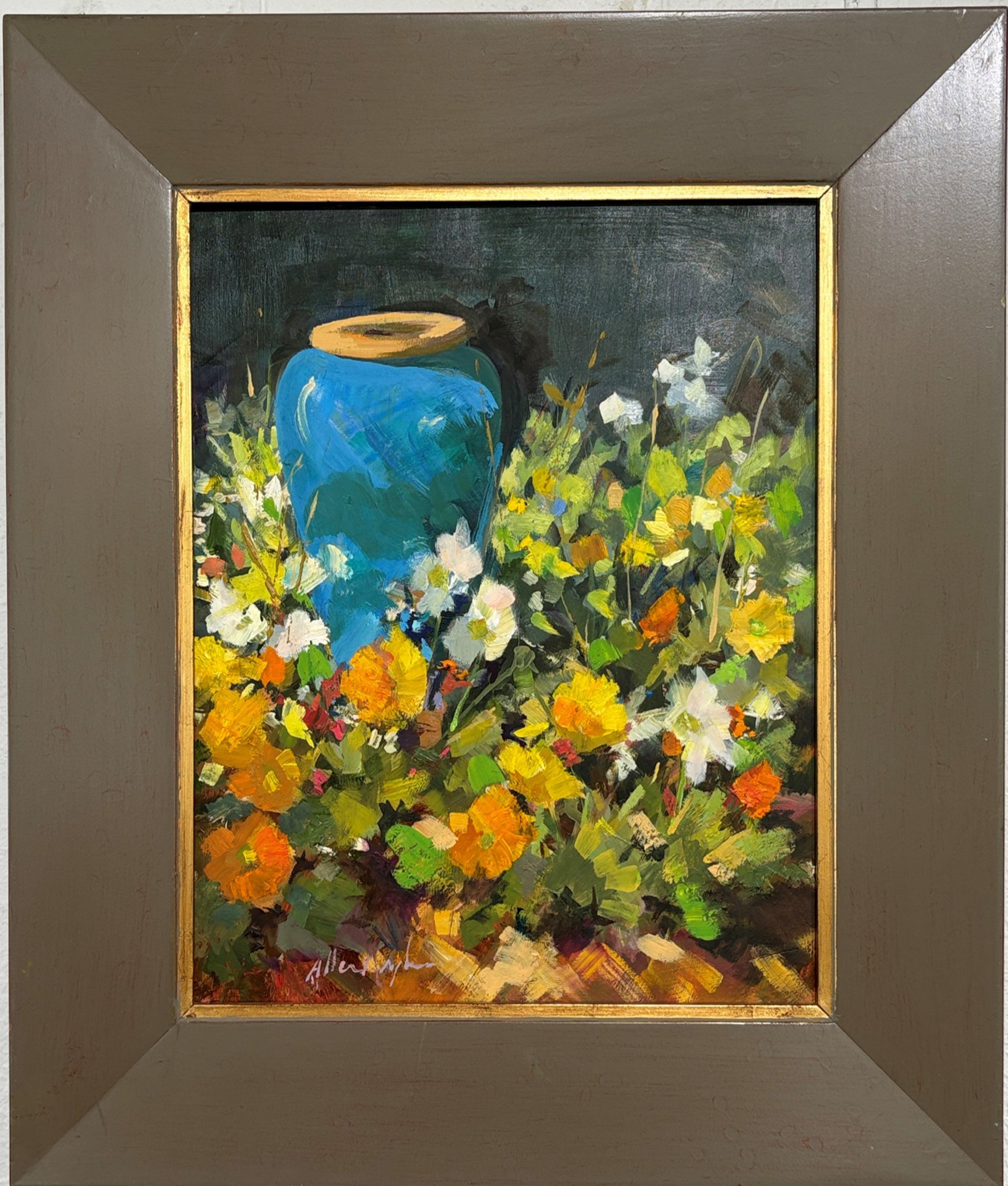 A painting of a waterfall in a park with trees in the background.