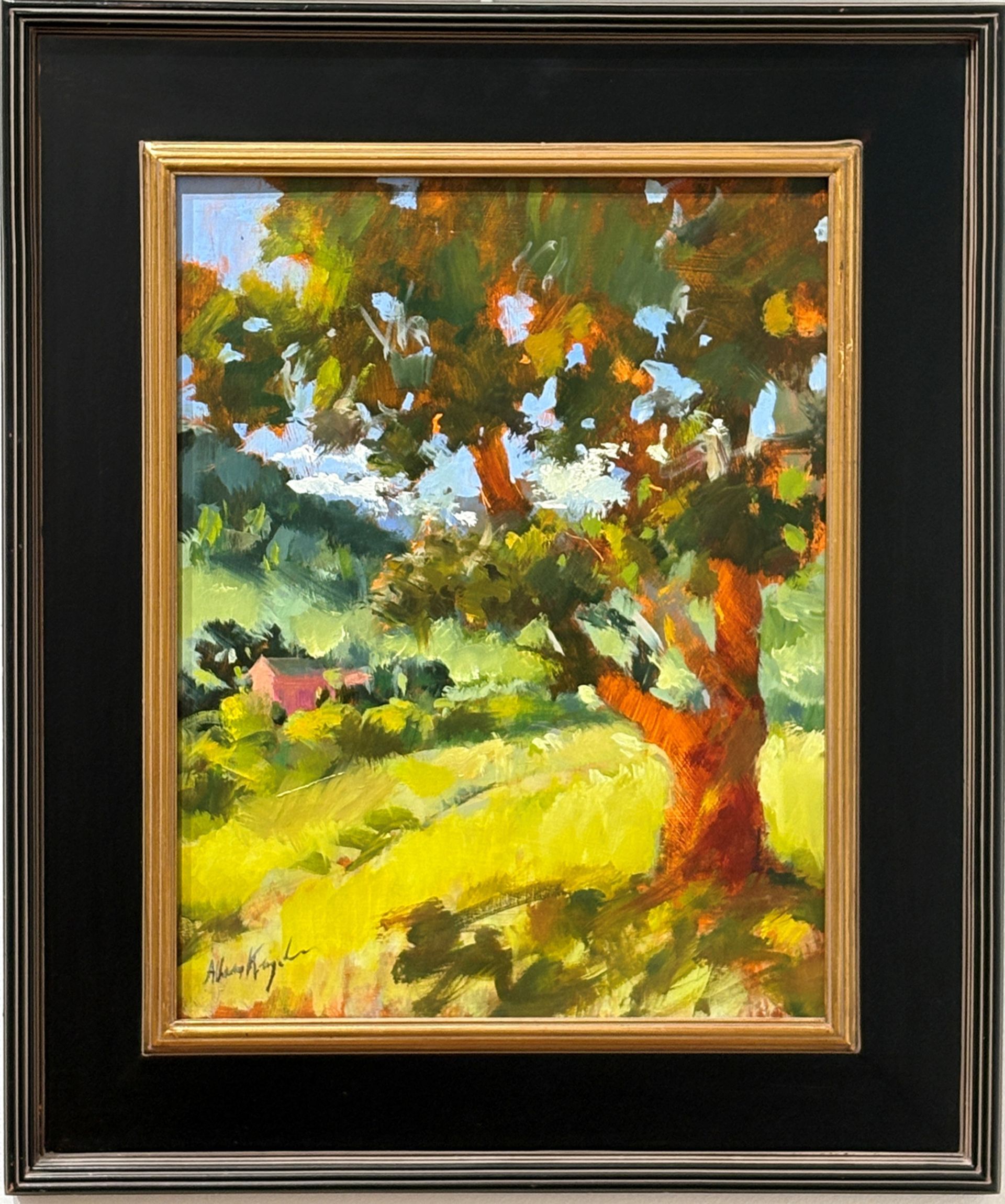 A painting of lawn chairs in a yard with a house in the background.