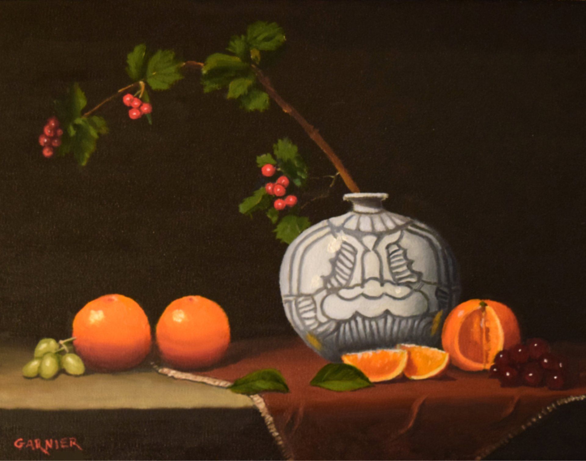 A painting of a vase with oranges grapes and berries