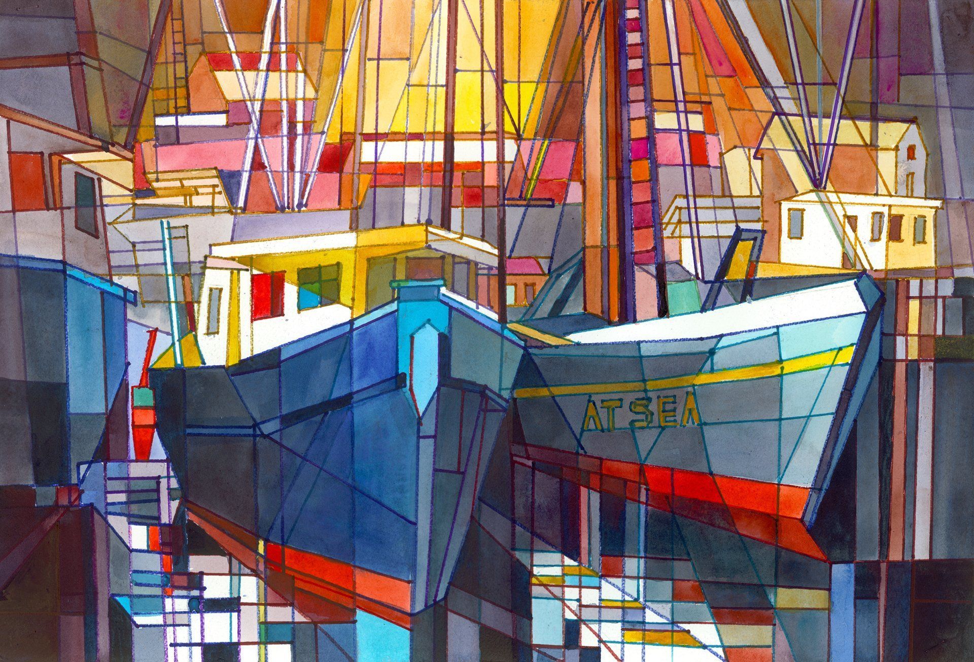 A colorful painting of boats in a harbor with a stained glass effect