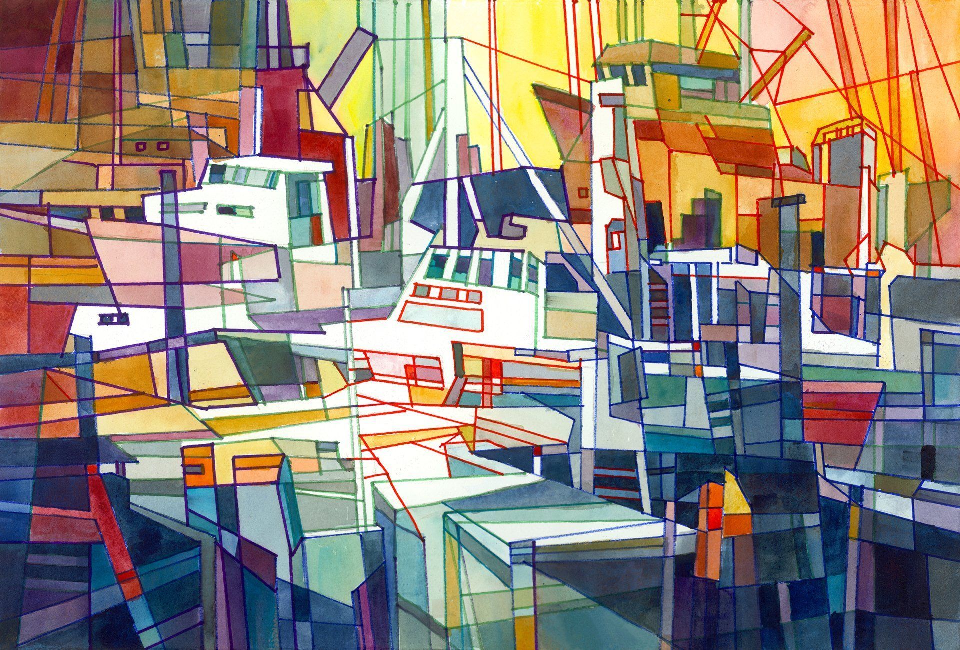 A colorful painting of boats in a harbor