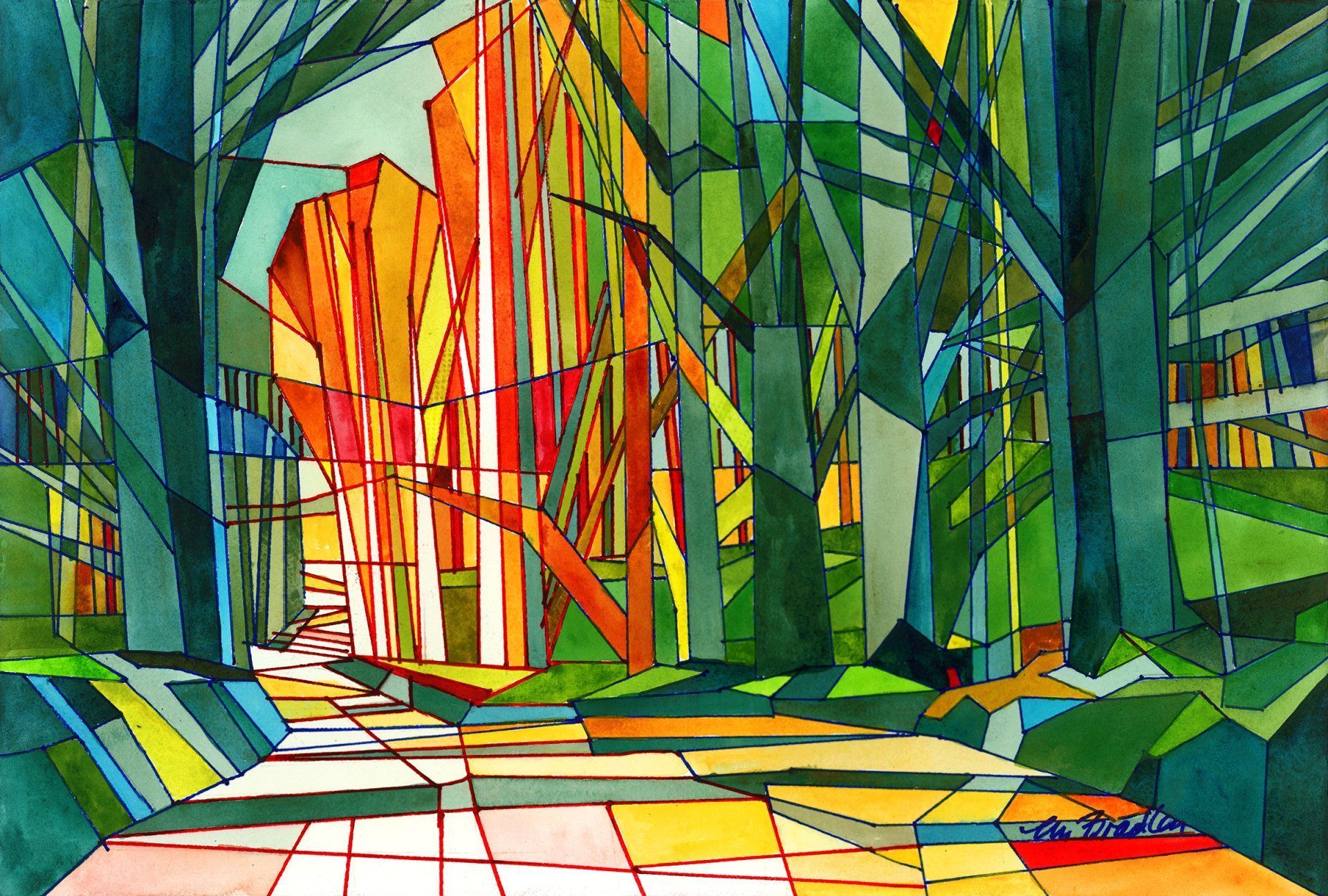 A painting of a forest with trees and a building in the background