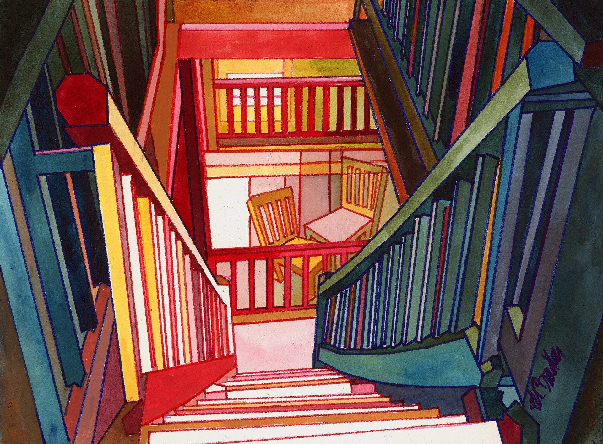 A painting of a staircase with a balcony in the background