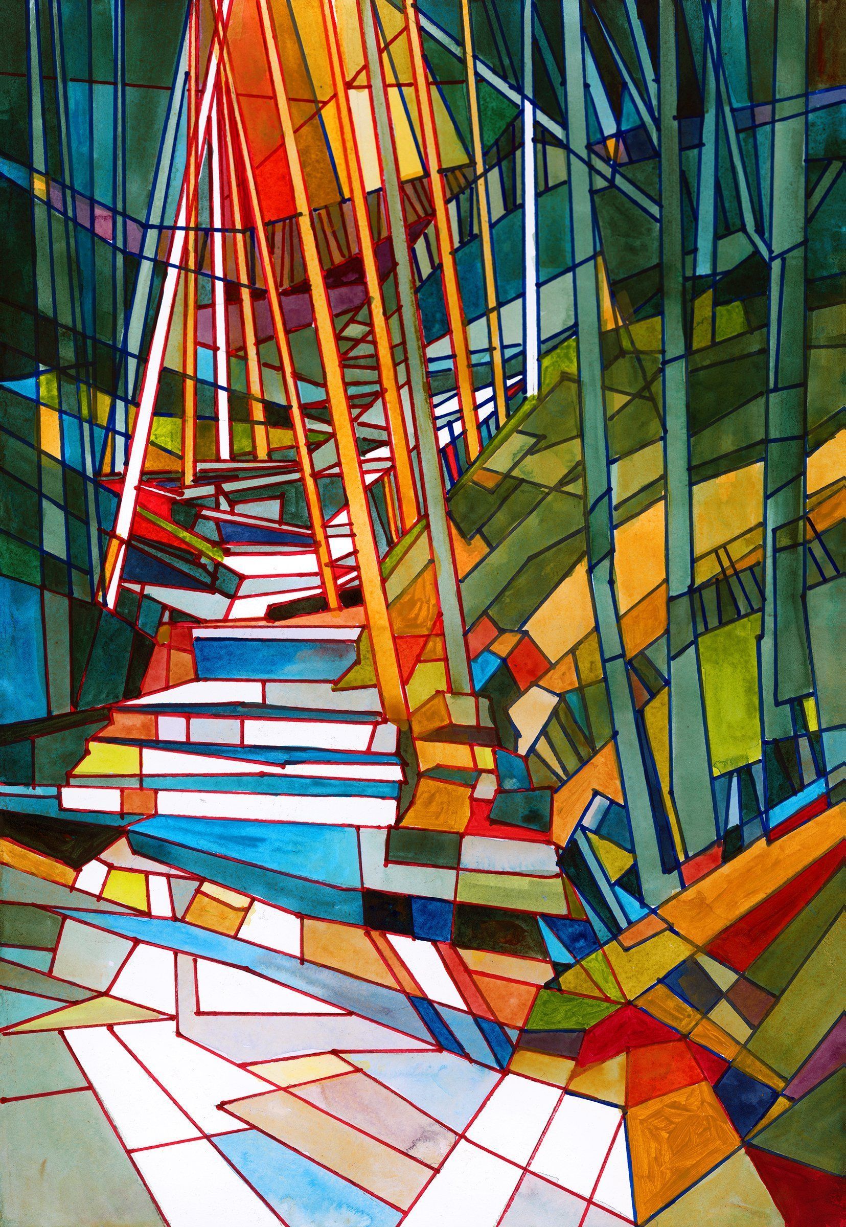 A colorful painting of stairs in a forest