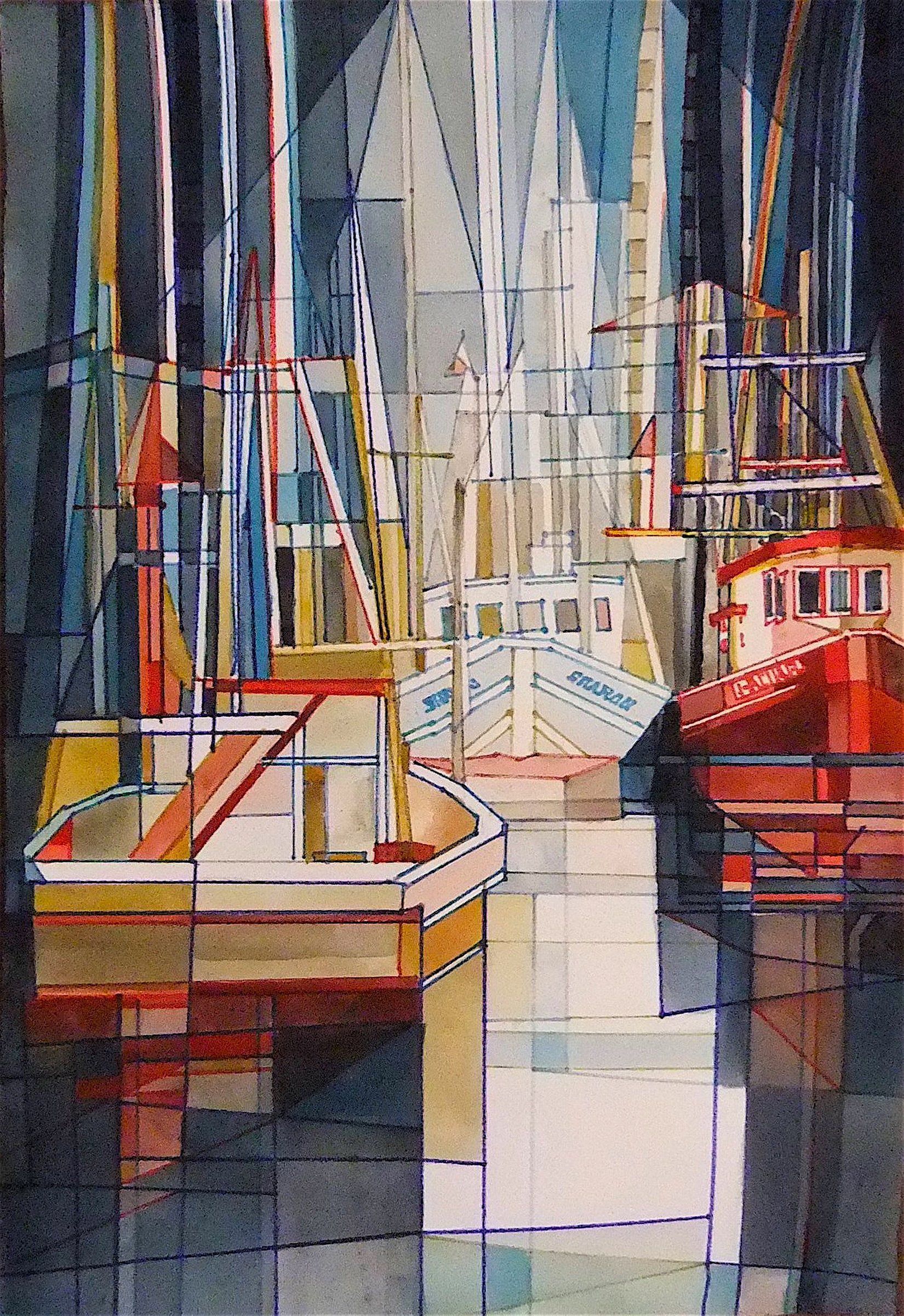 A watercolor painting of a city with buildings and boats