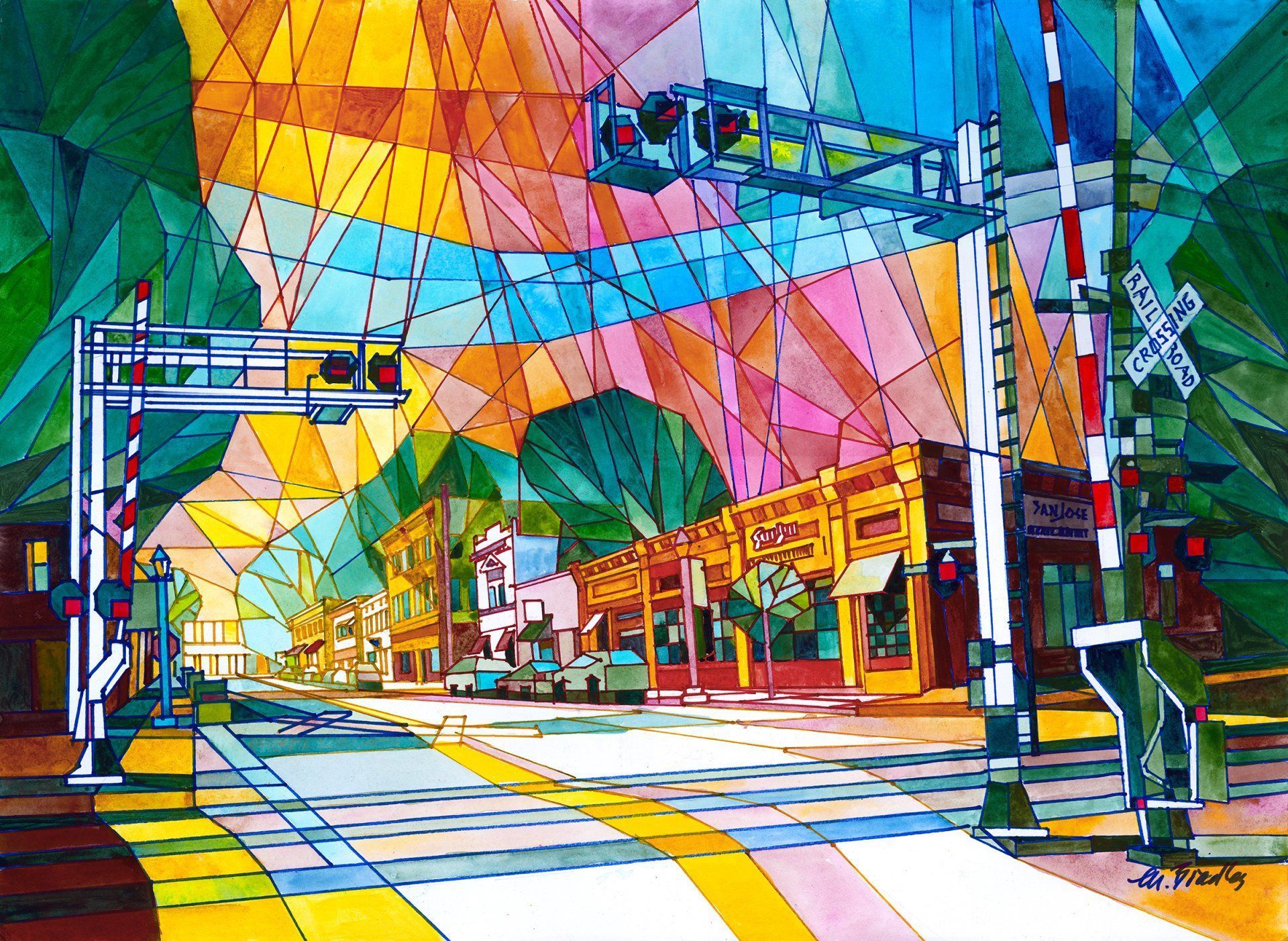 A painting of a railroad crossing with a sign that says railroad crossing