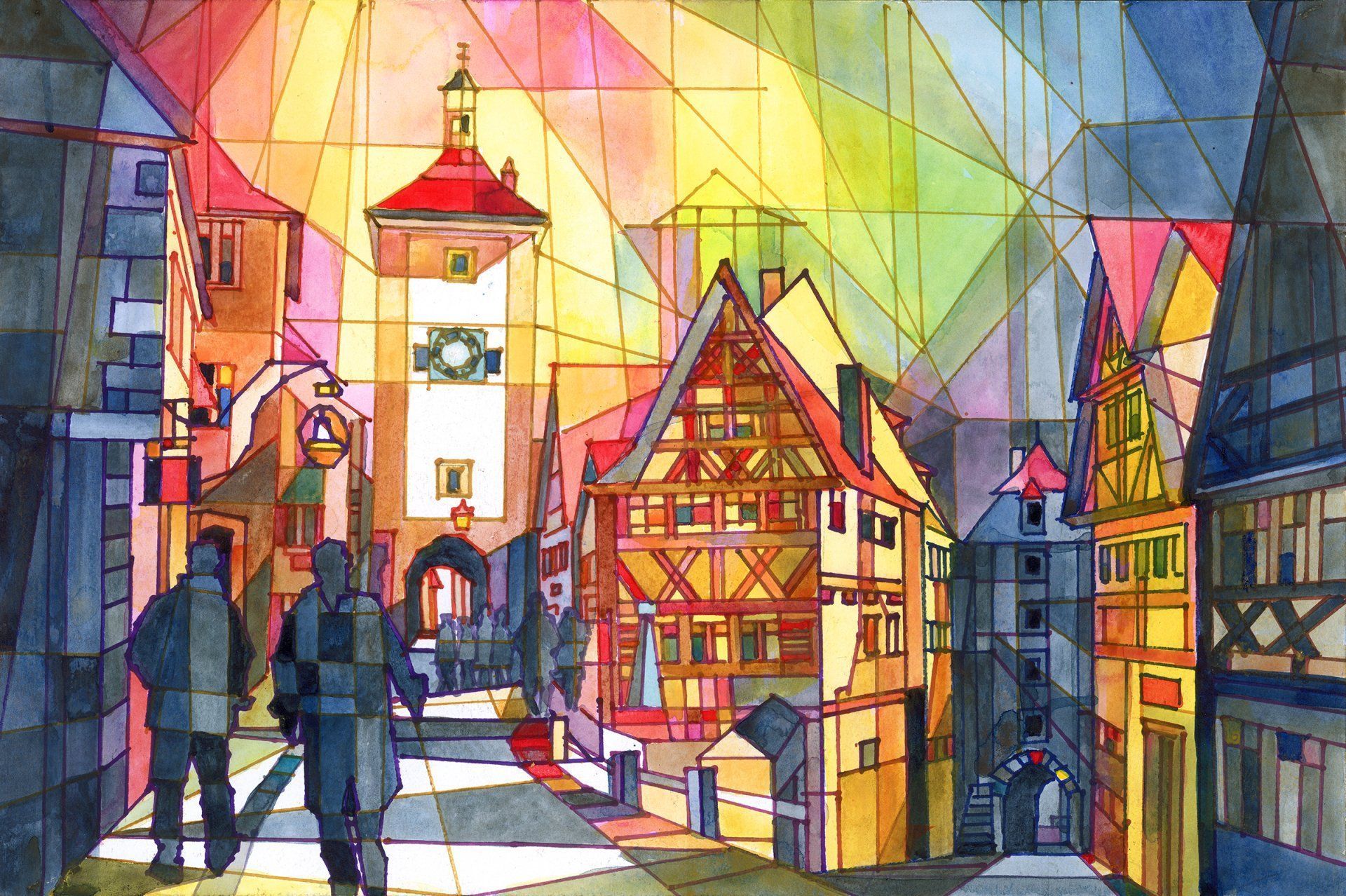 A stained glass painting of a city with a clock tower