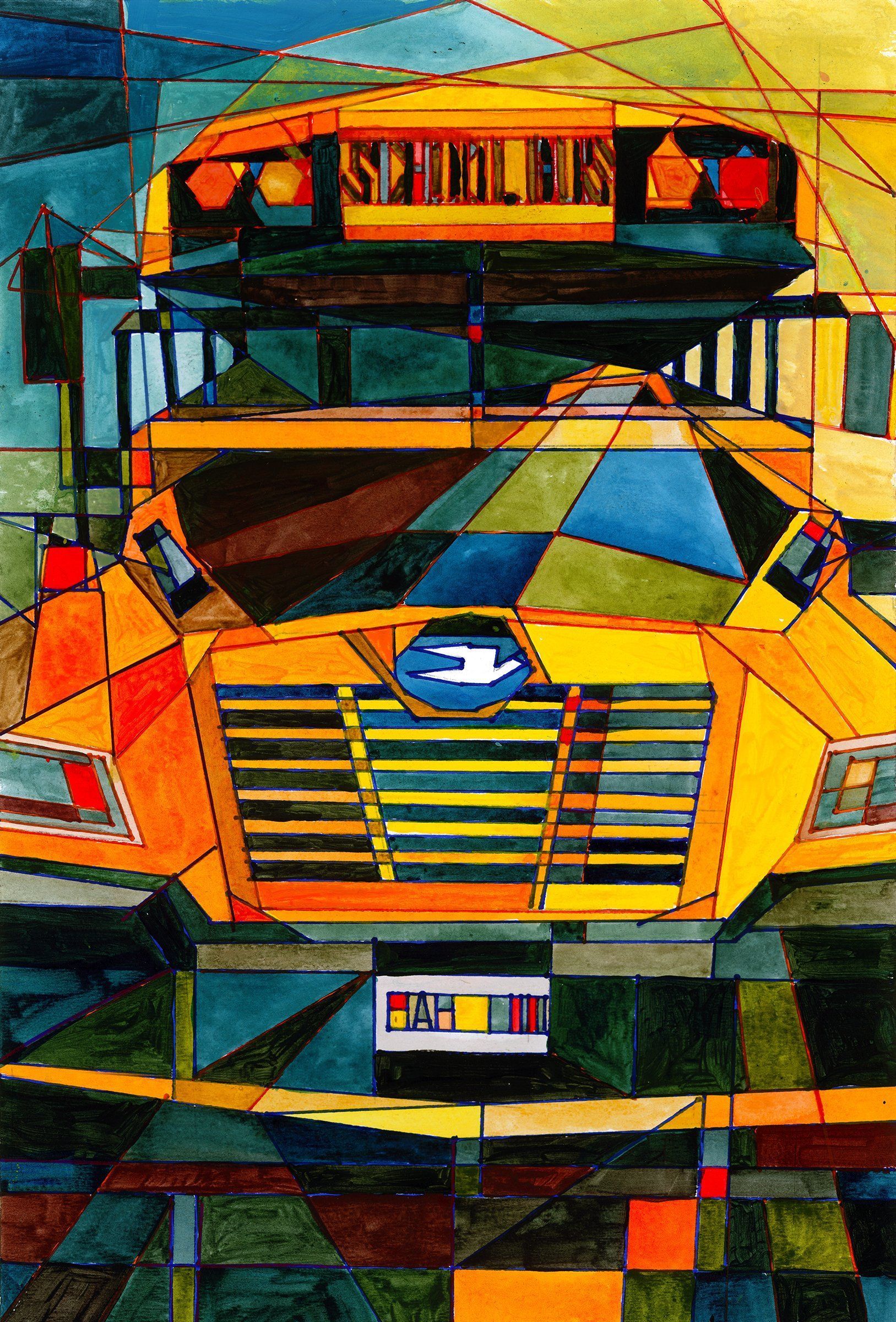A colorful painting of a yellow school bus