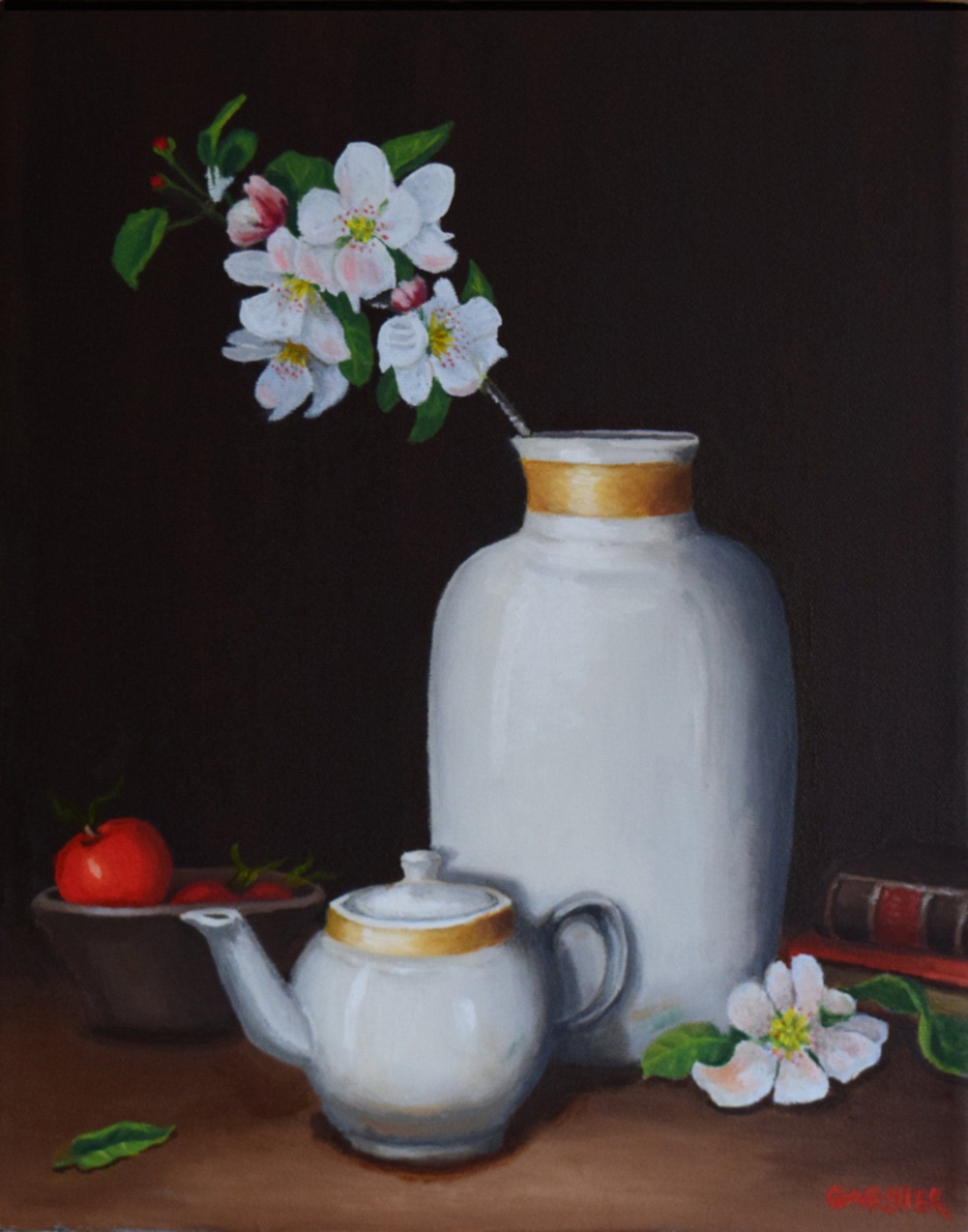 A painting of a vase with flowers and a teapot