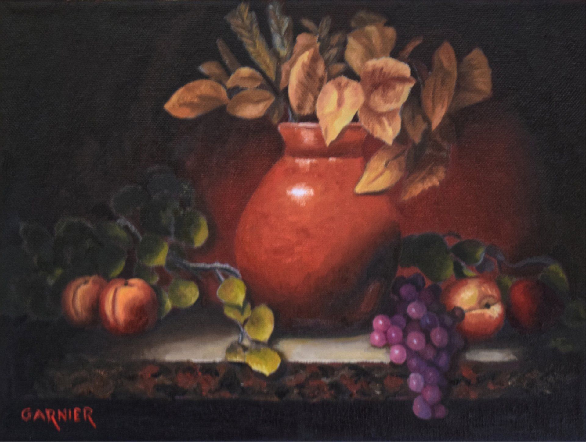 A painting of a vase with flowers and fruit by garnier