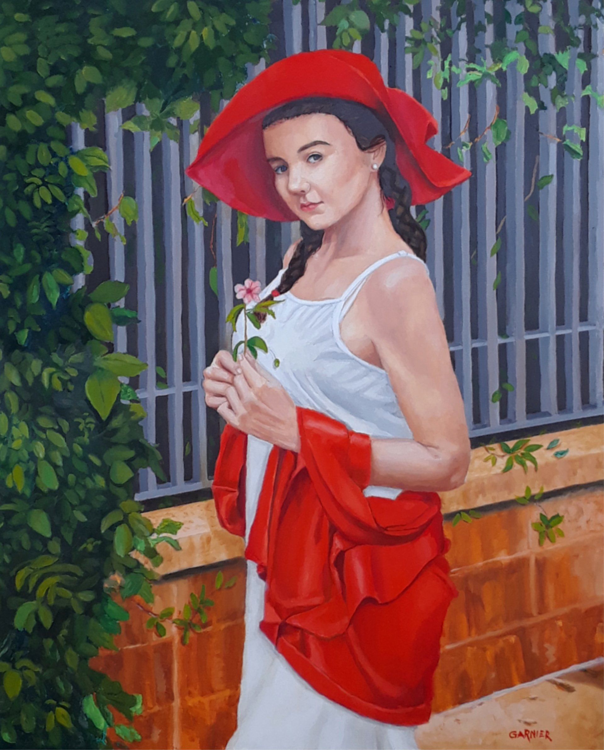 A painting of a woman wearing a red hat and holding a rose