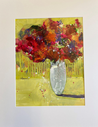 A painting of a vase filled with flowers on a table.