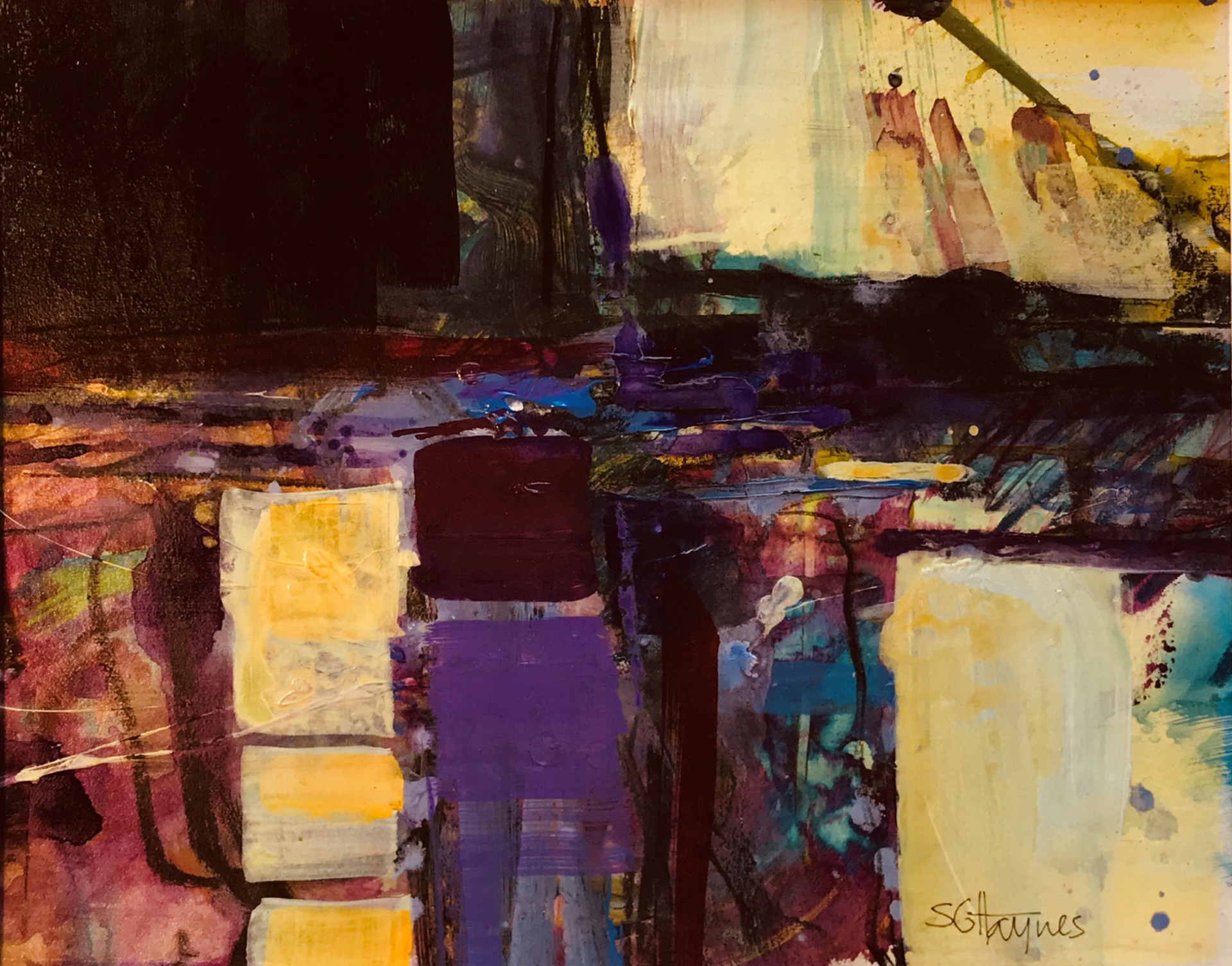 A painting of a purple and yellow background with the name sofyayes on the bottom