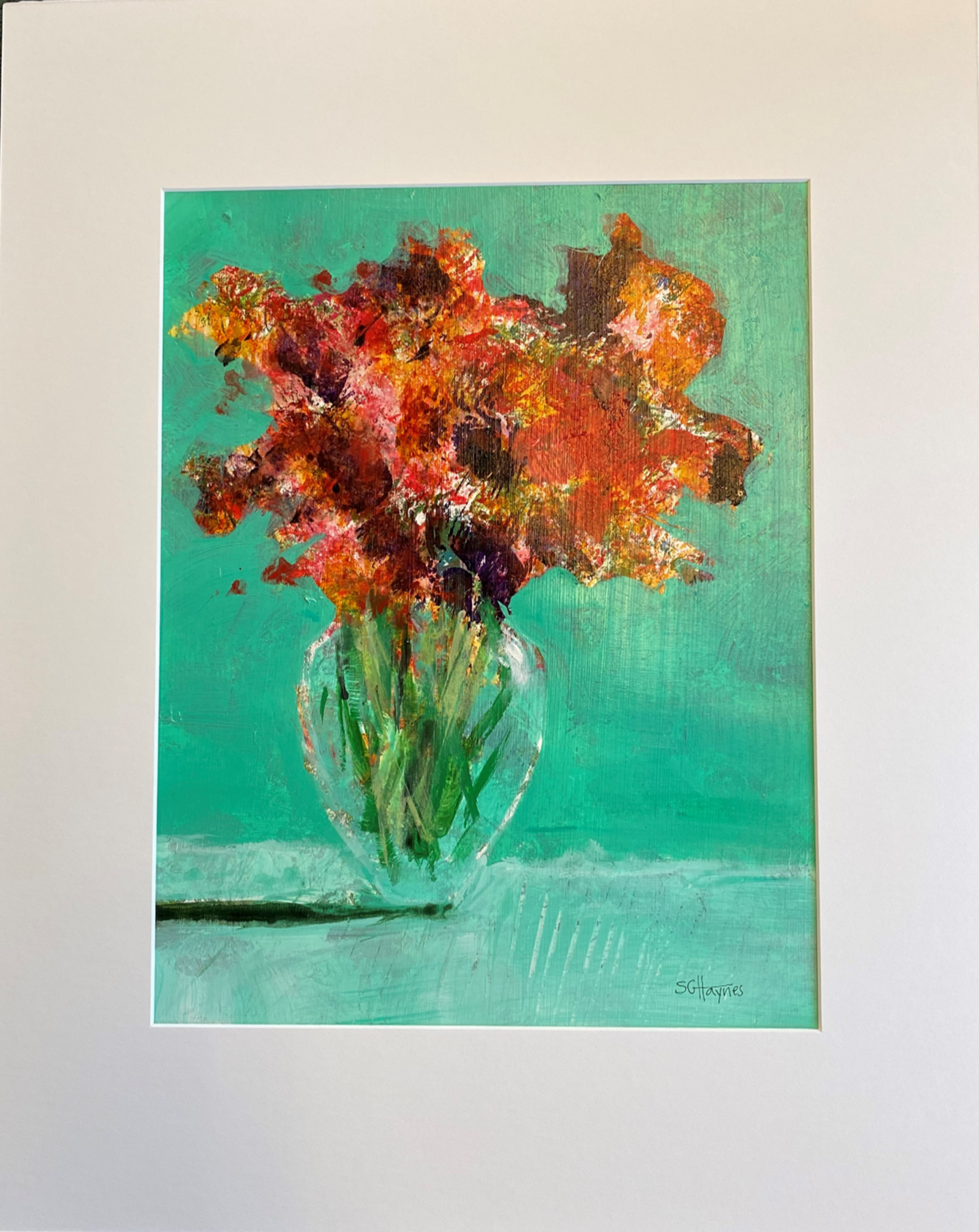 A painting of flowers in a vase on a table.
