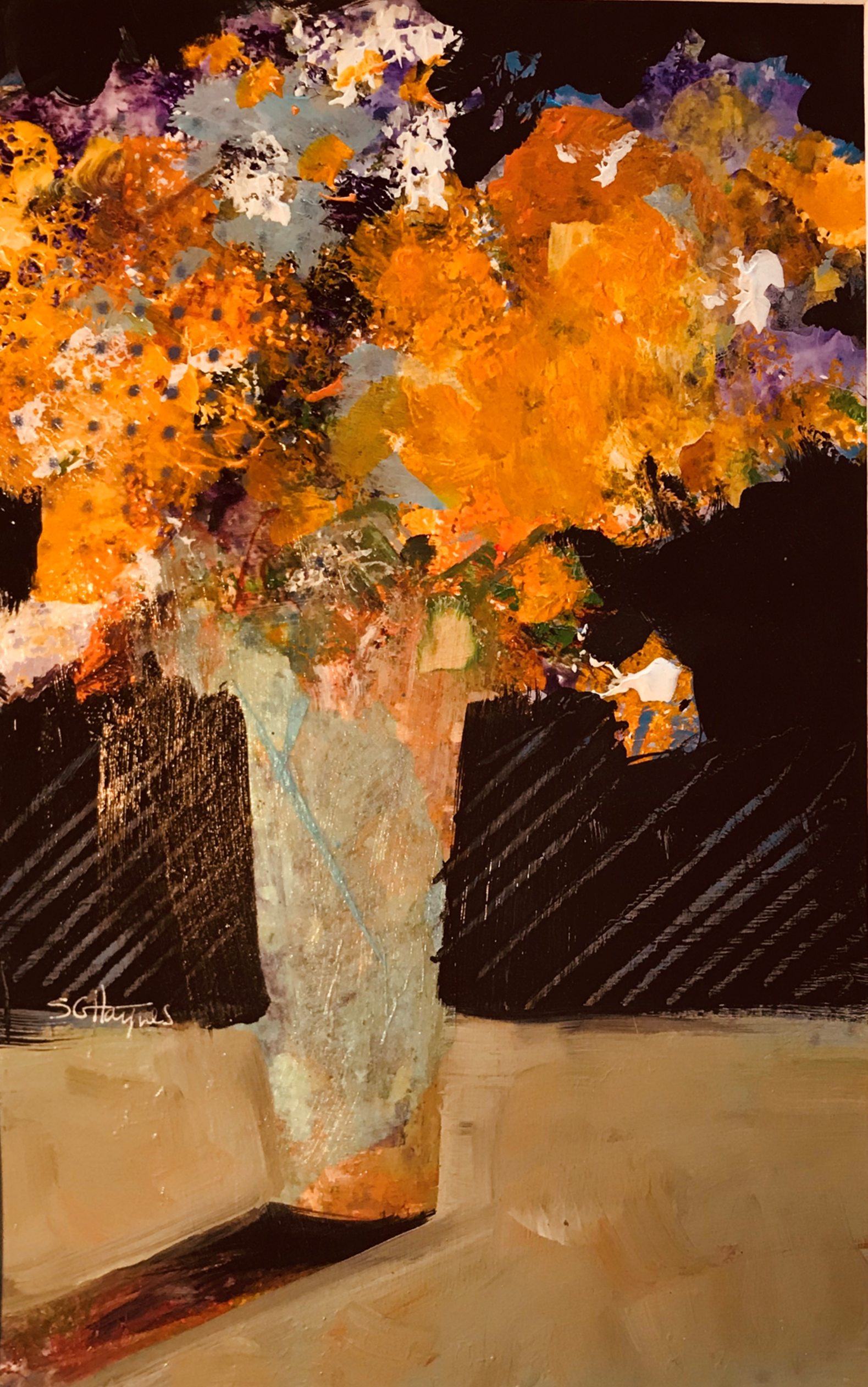 A painting of yellow flowers in a vase on a table