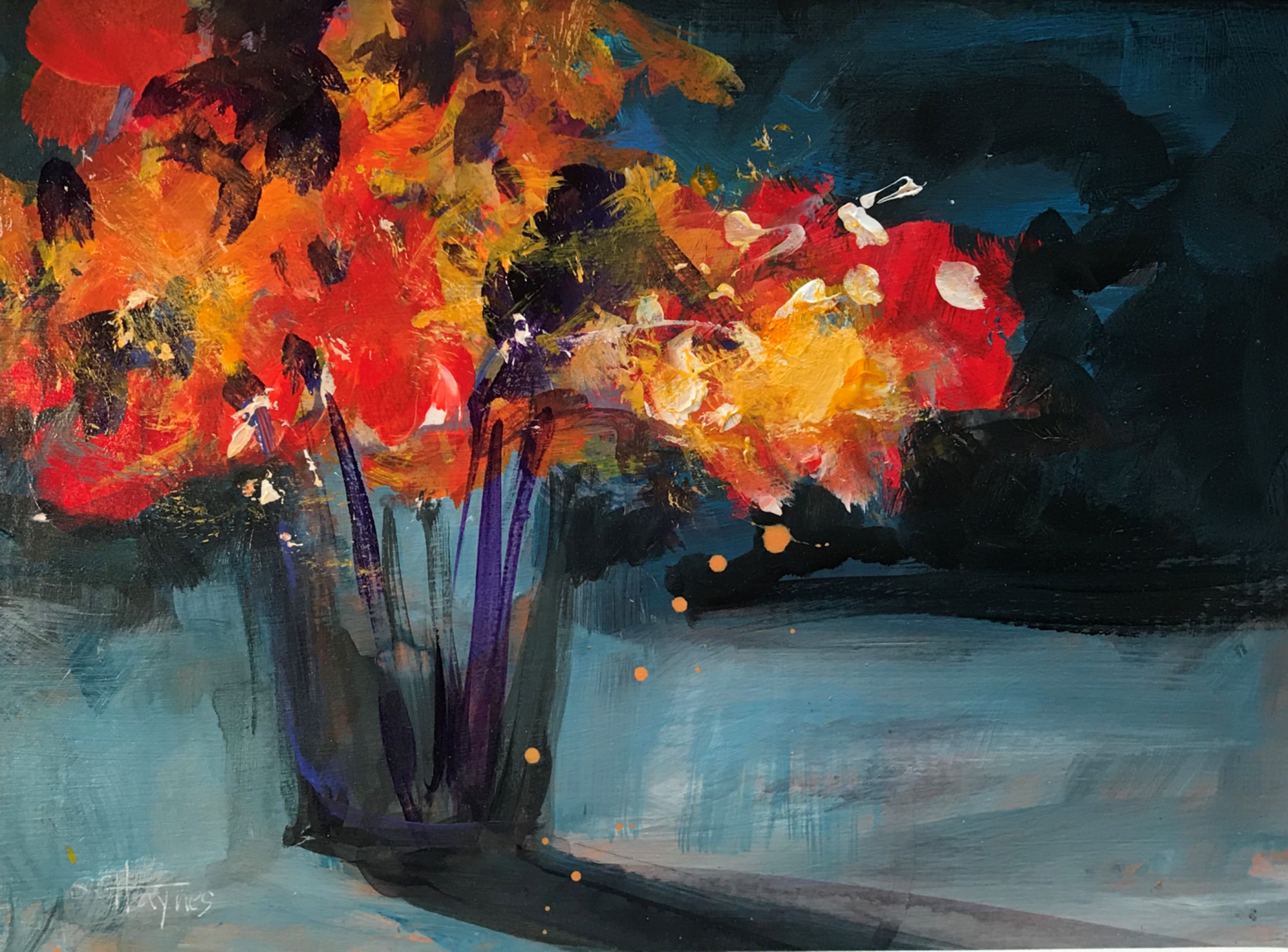 A painting of red and yellow flowers in a vase