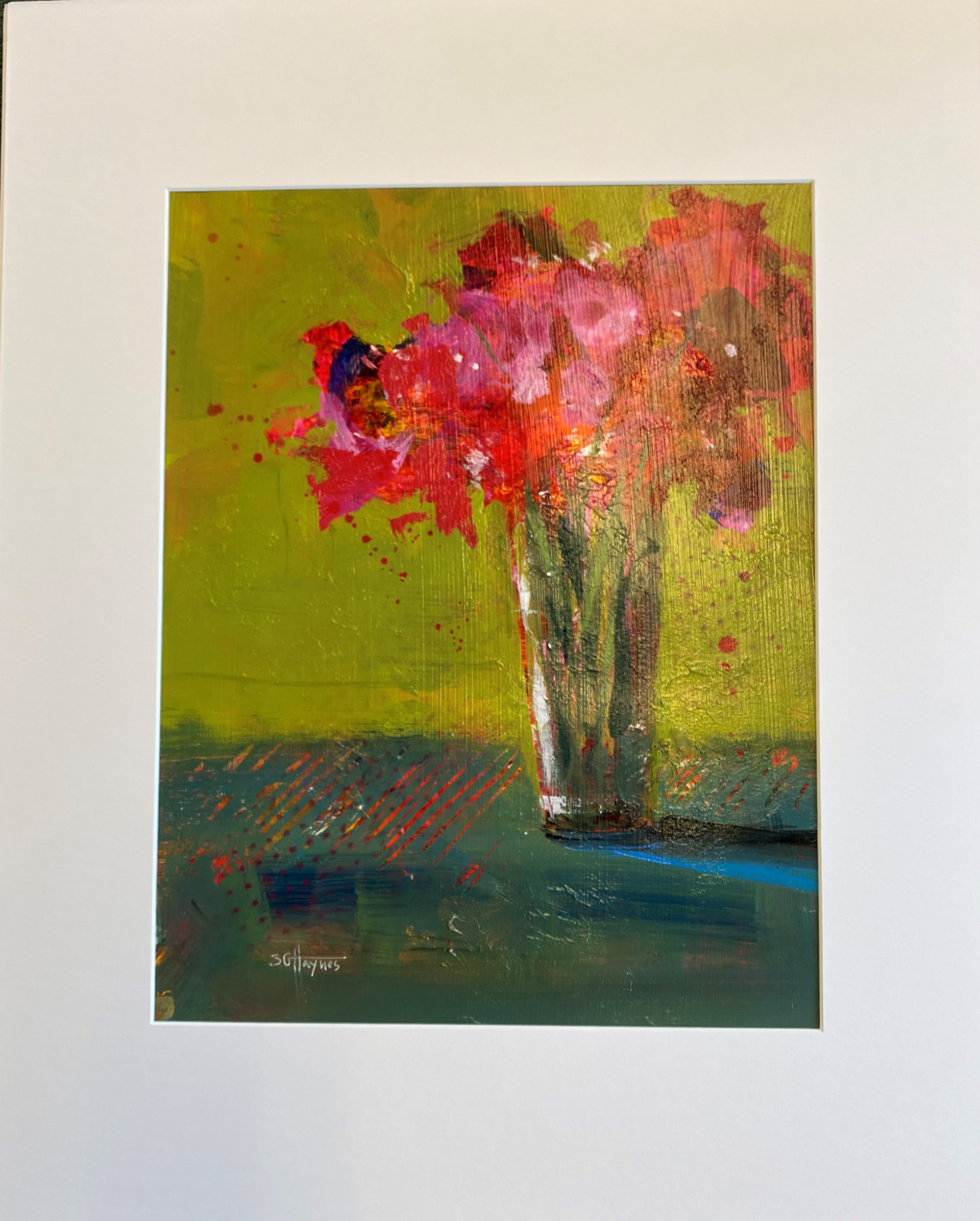 A painting of red flowers in a vase on a table.