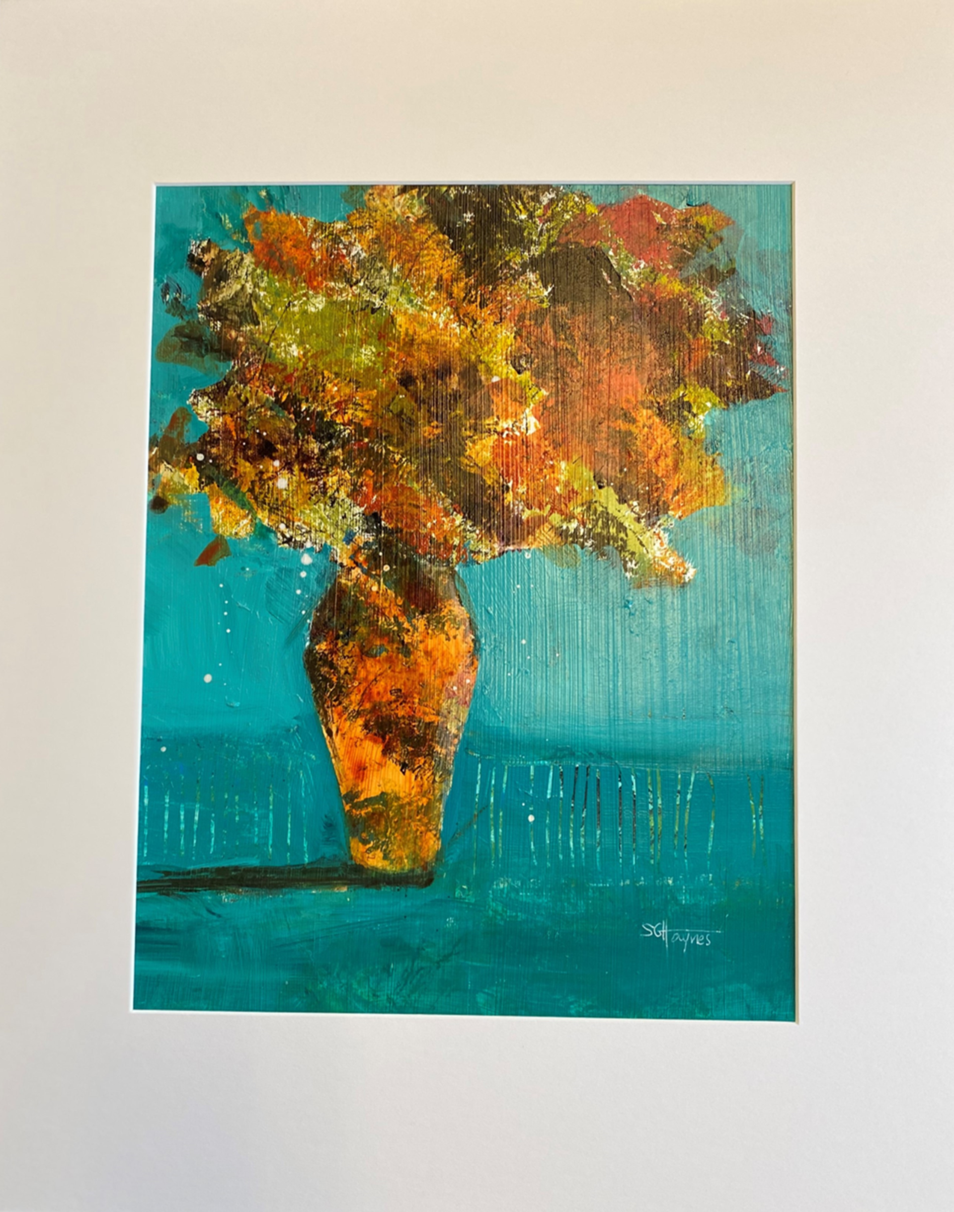 A painting of a vase filled with flowers on a blue background.