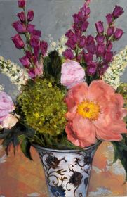 Still life of a floral bouquet in a blue-and-white vase with pink, purple, and white flowers