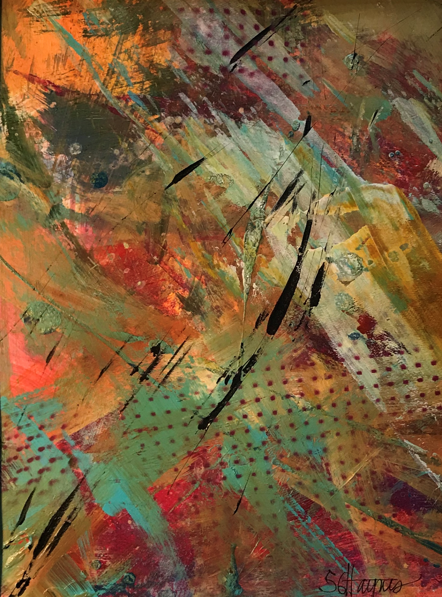 A close up of a colorful painting on a wall.