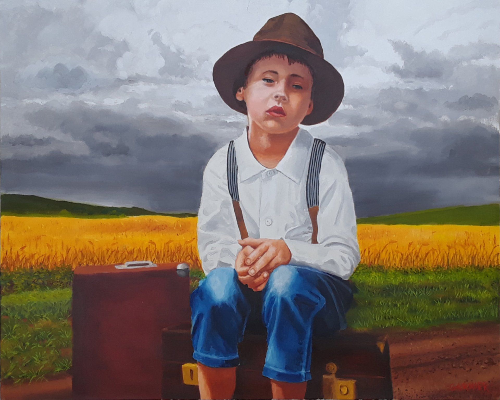 A painting of a young boy sitting on a suitcase
