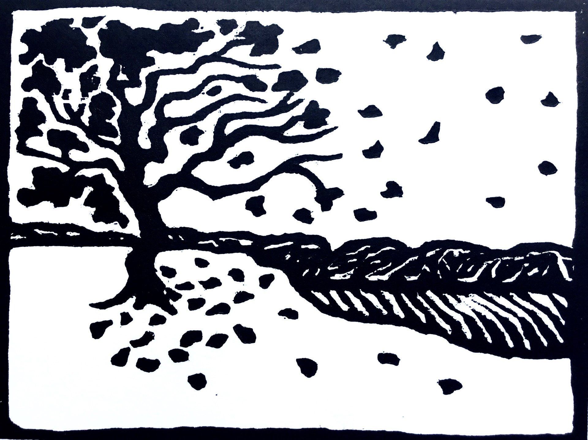 A black and white drawing of a tree and a field