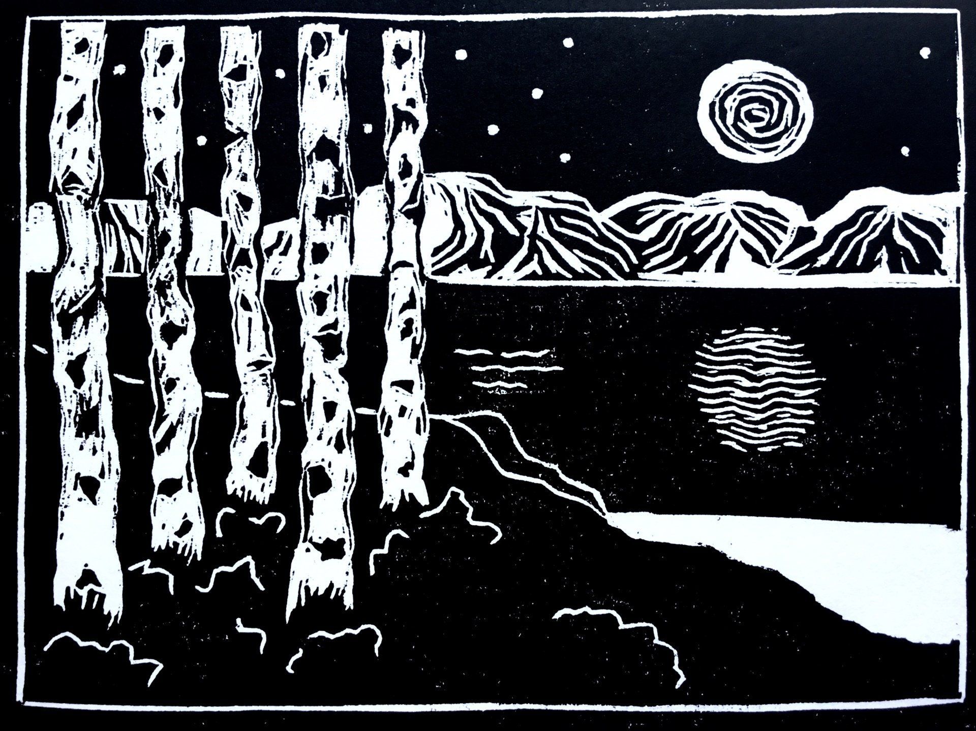 A black and white drawing of trees and a moon