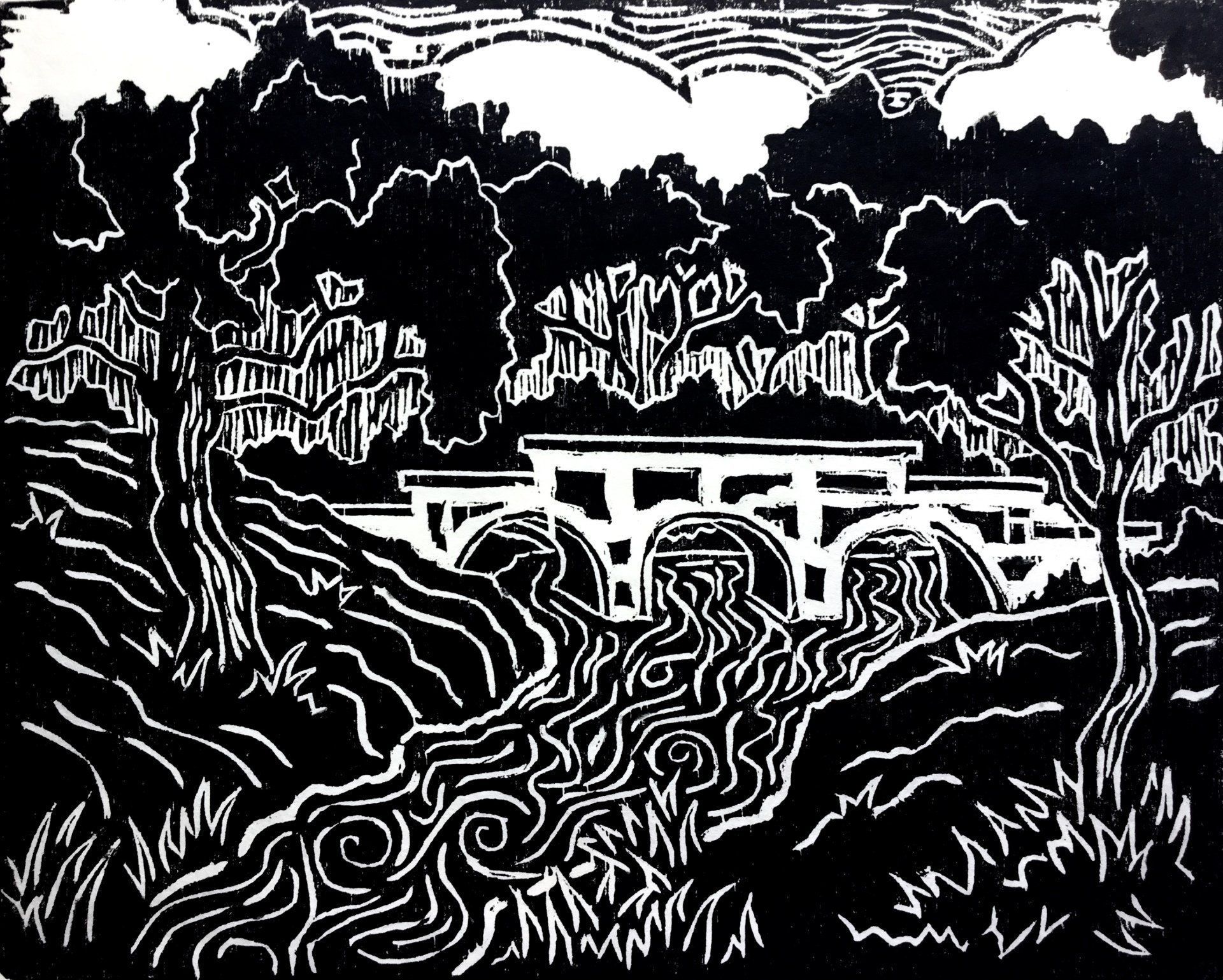 A black and white drawing of a bridge over a river