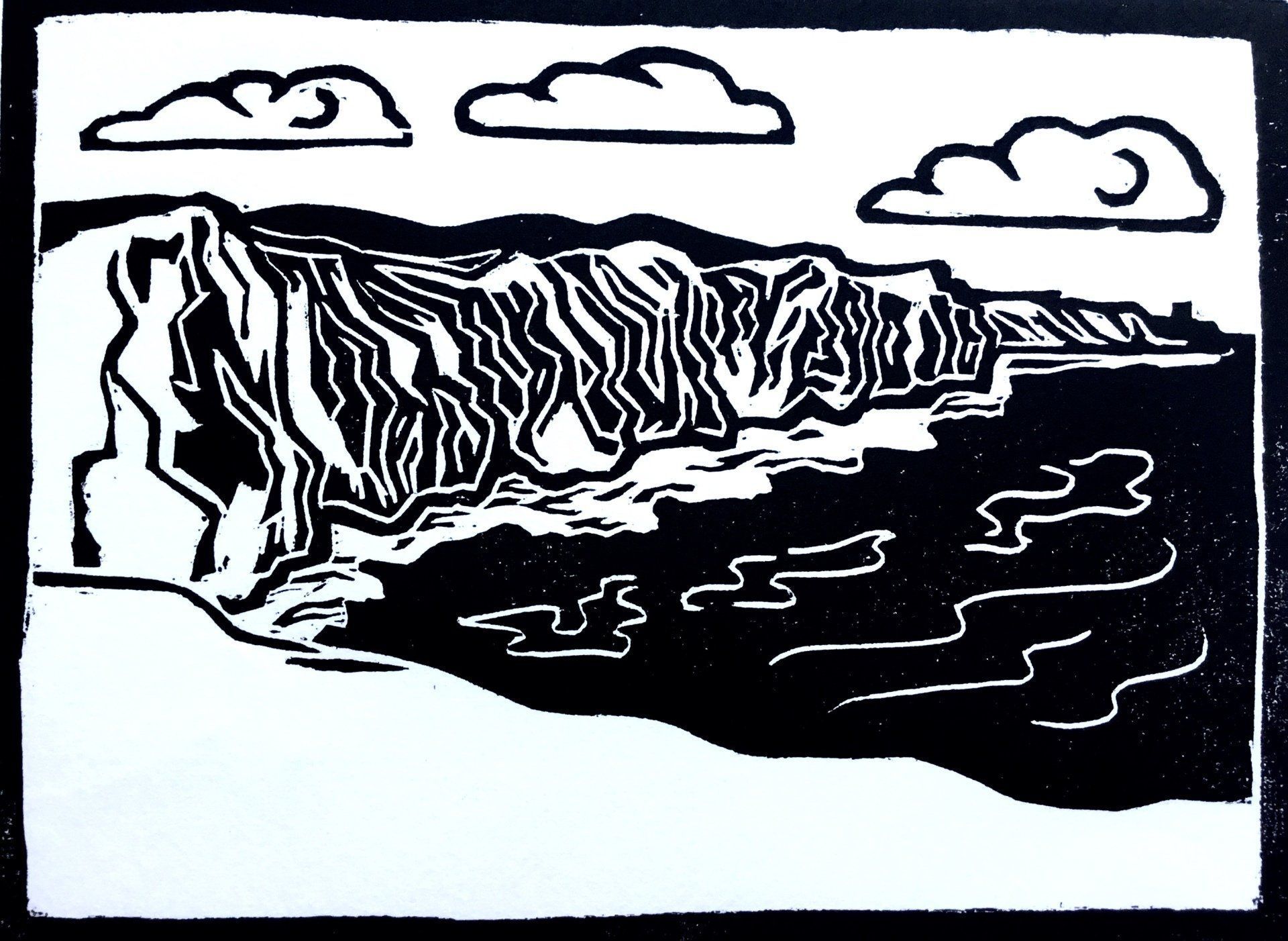 A black and white drawing of a cliff overlooking a body of water