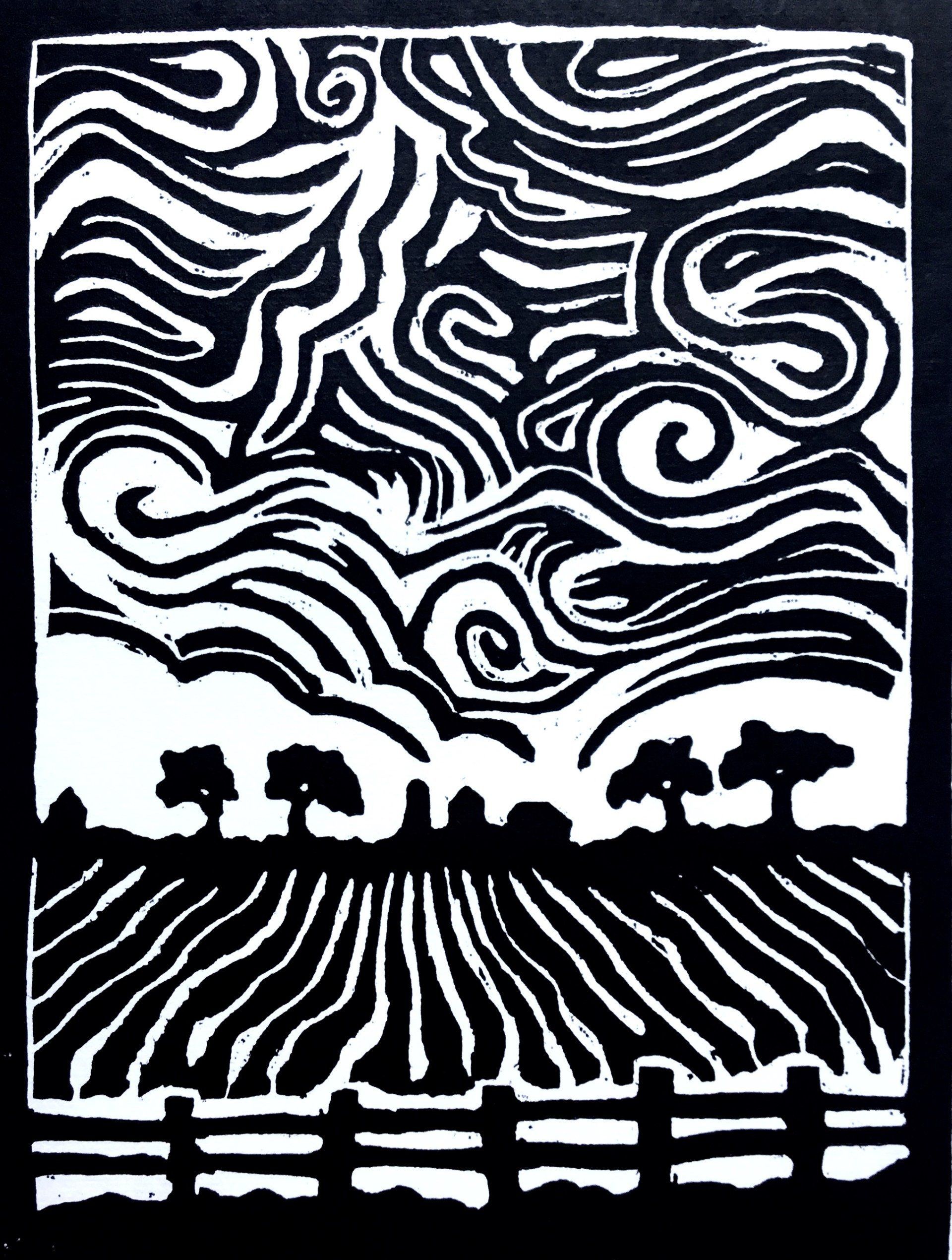 A black and white drawing of a field with trees and a fence.