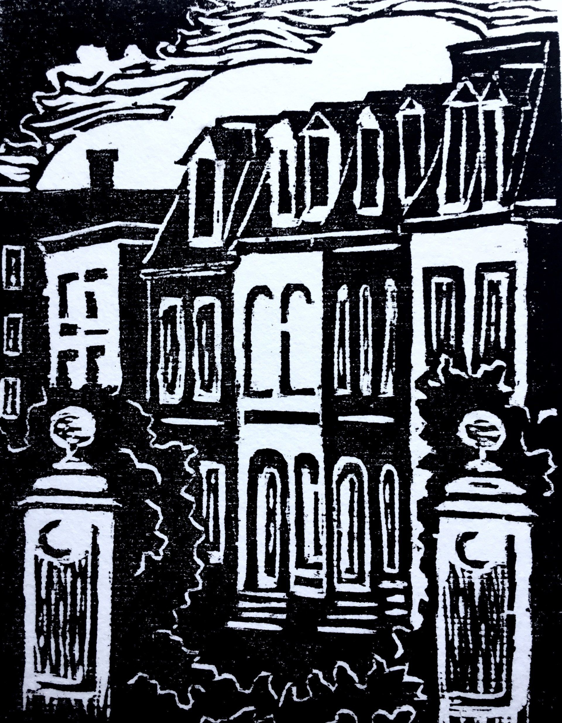 A black and white drawing of a row of buildings