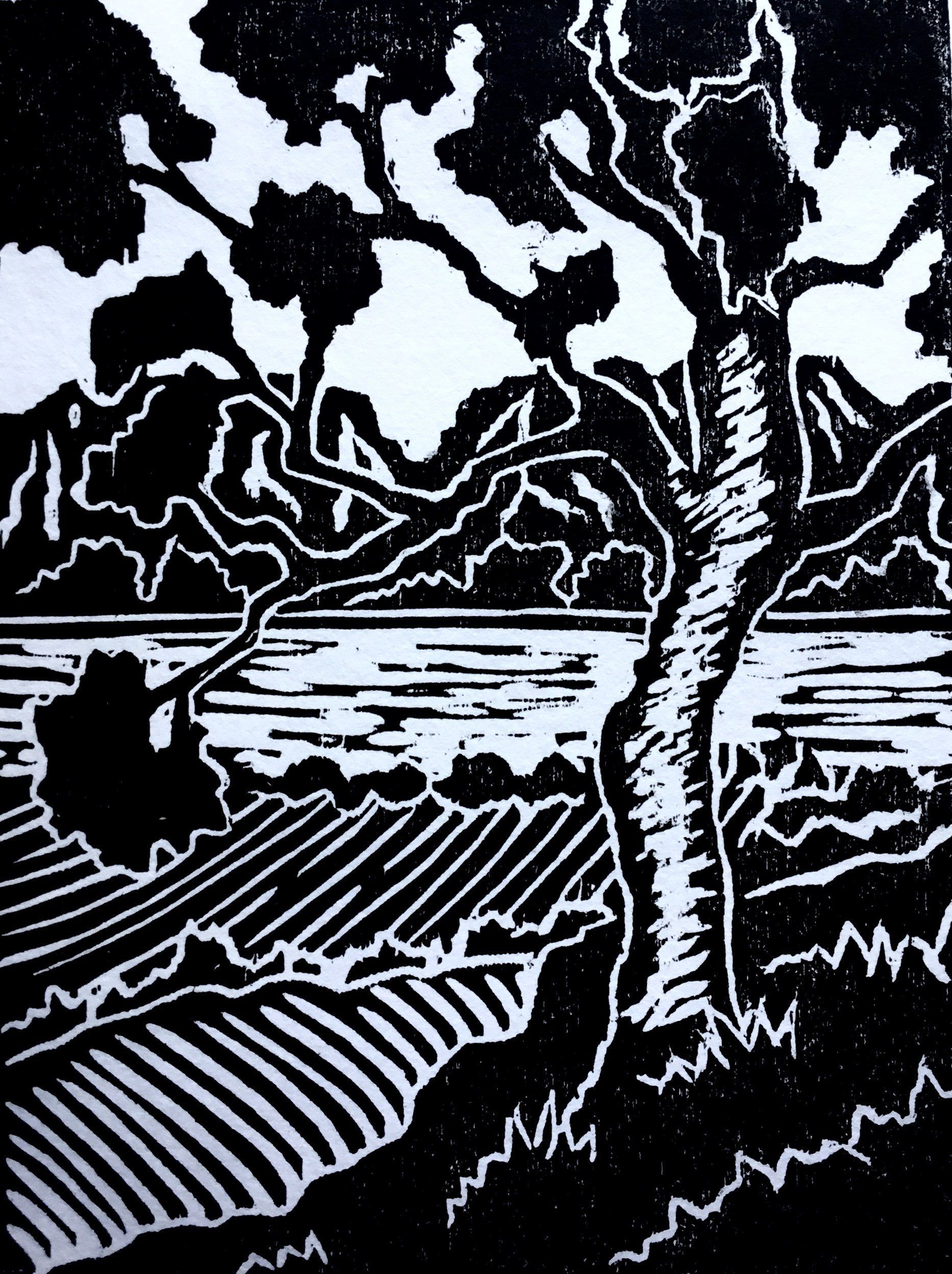 A black and white drawing of a lake with trees in the foreground