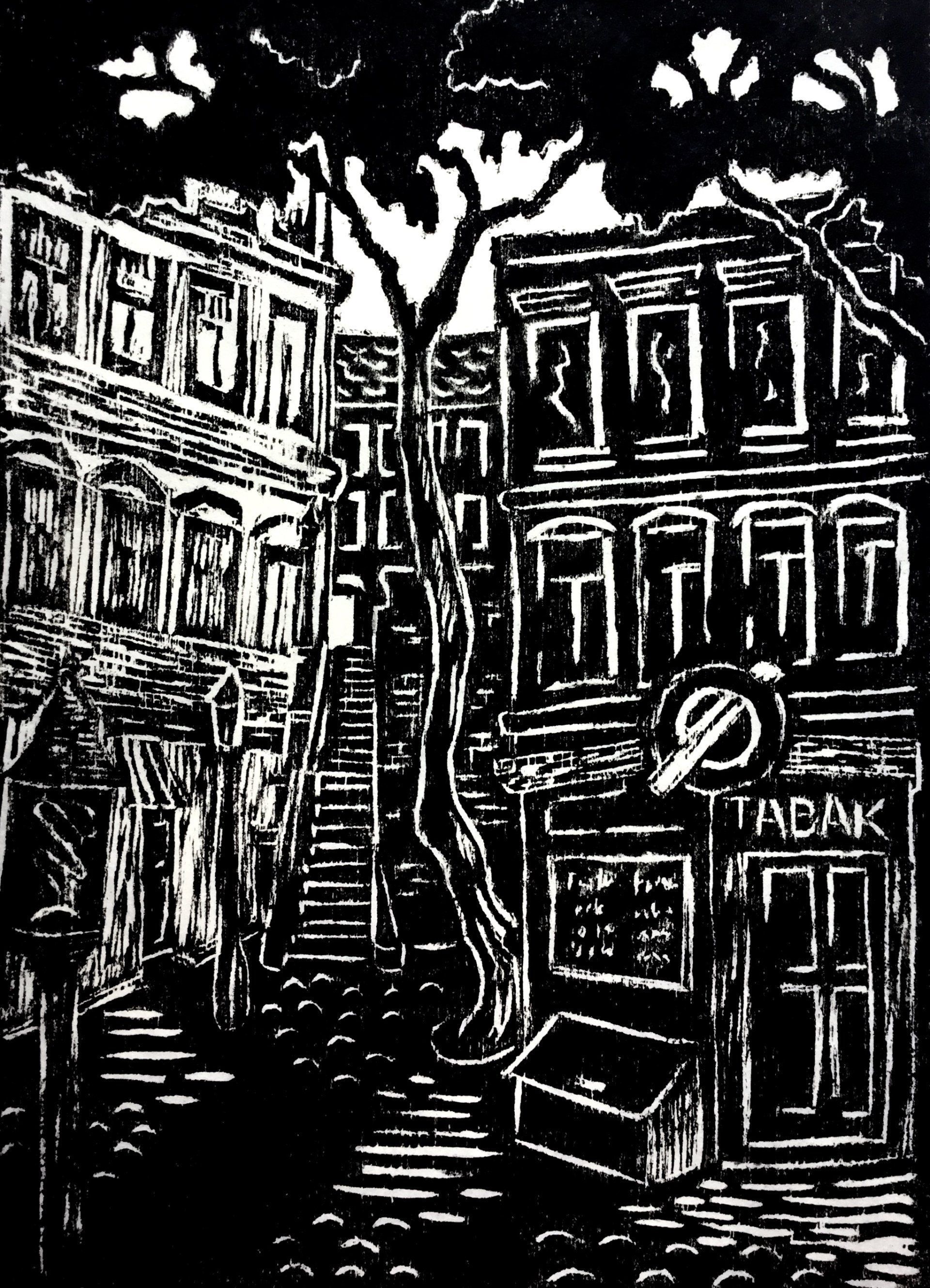 A black and white drawing of a building with the word tabak on it