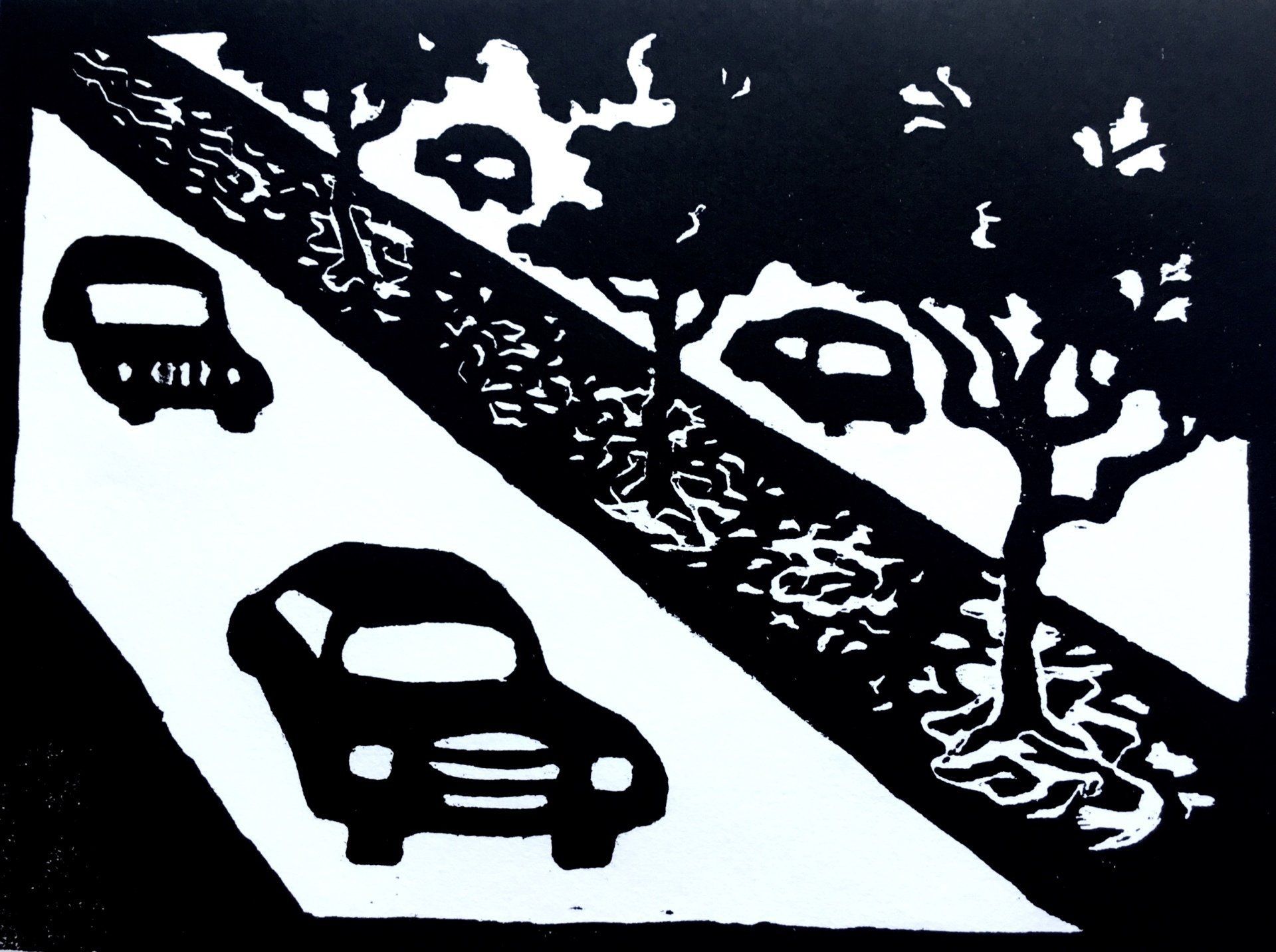 A black and white drawing of cars driving down a road