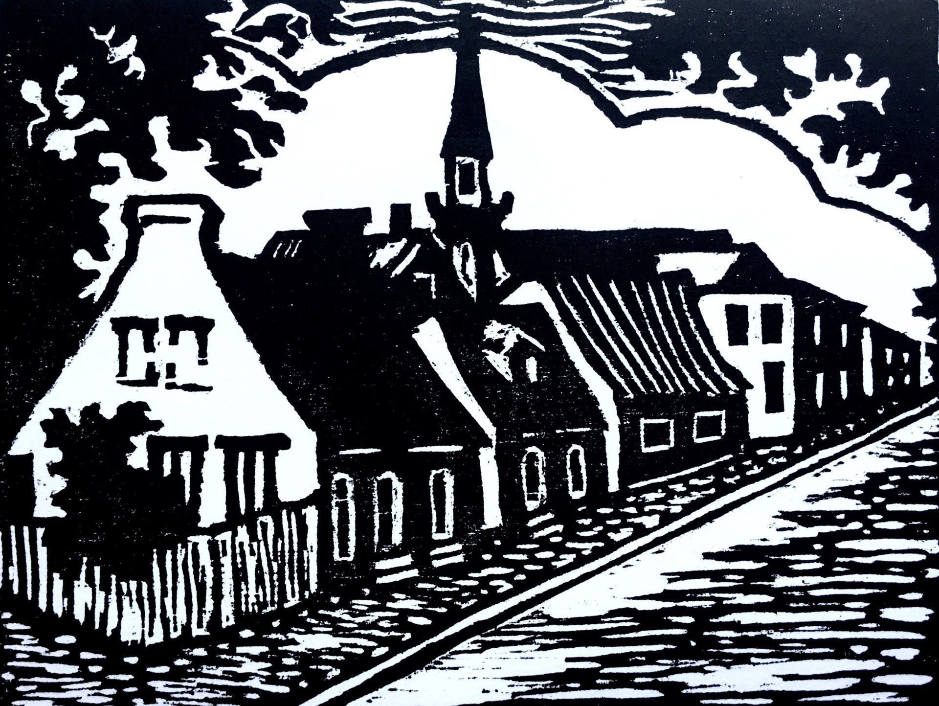 A black and white drawing of a church and houses