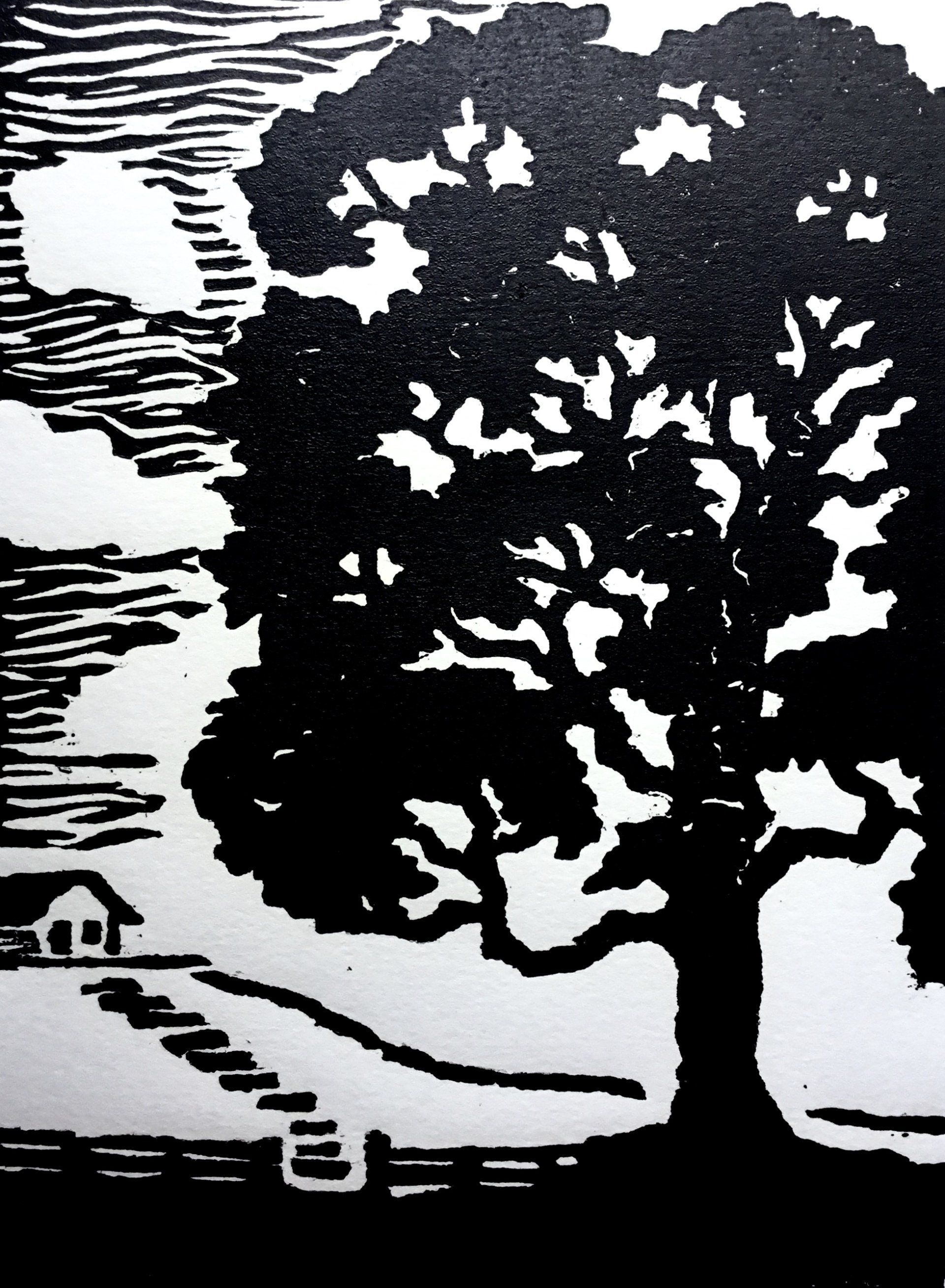 A black and white drawing of a tree with a house in the background