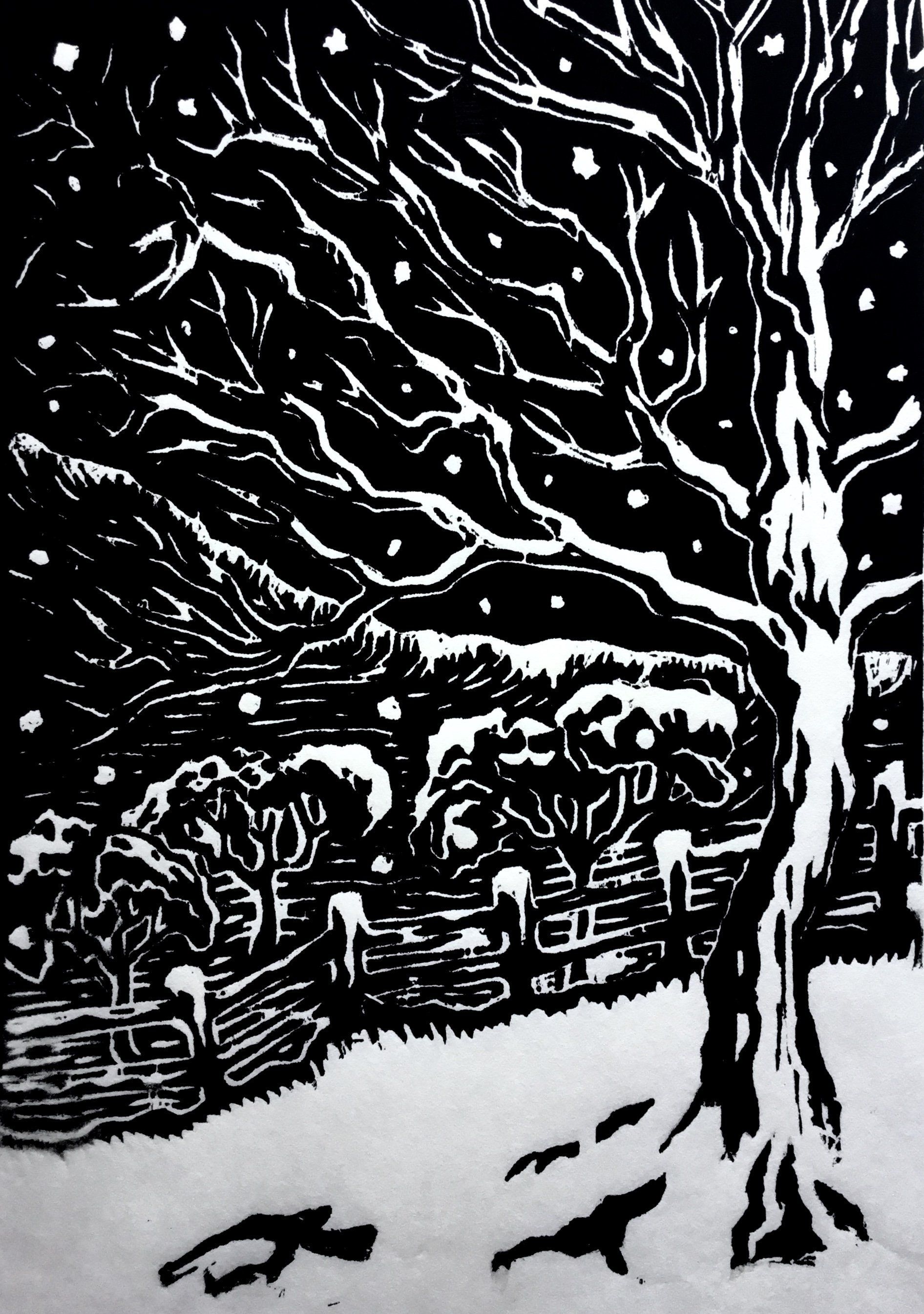 A black and white drawing of a tree in the snow