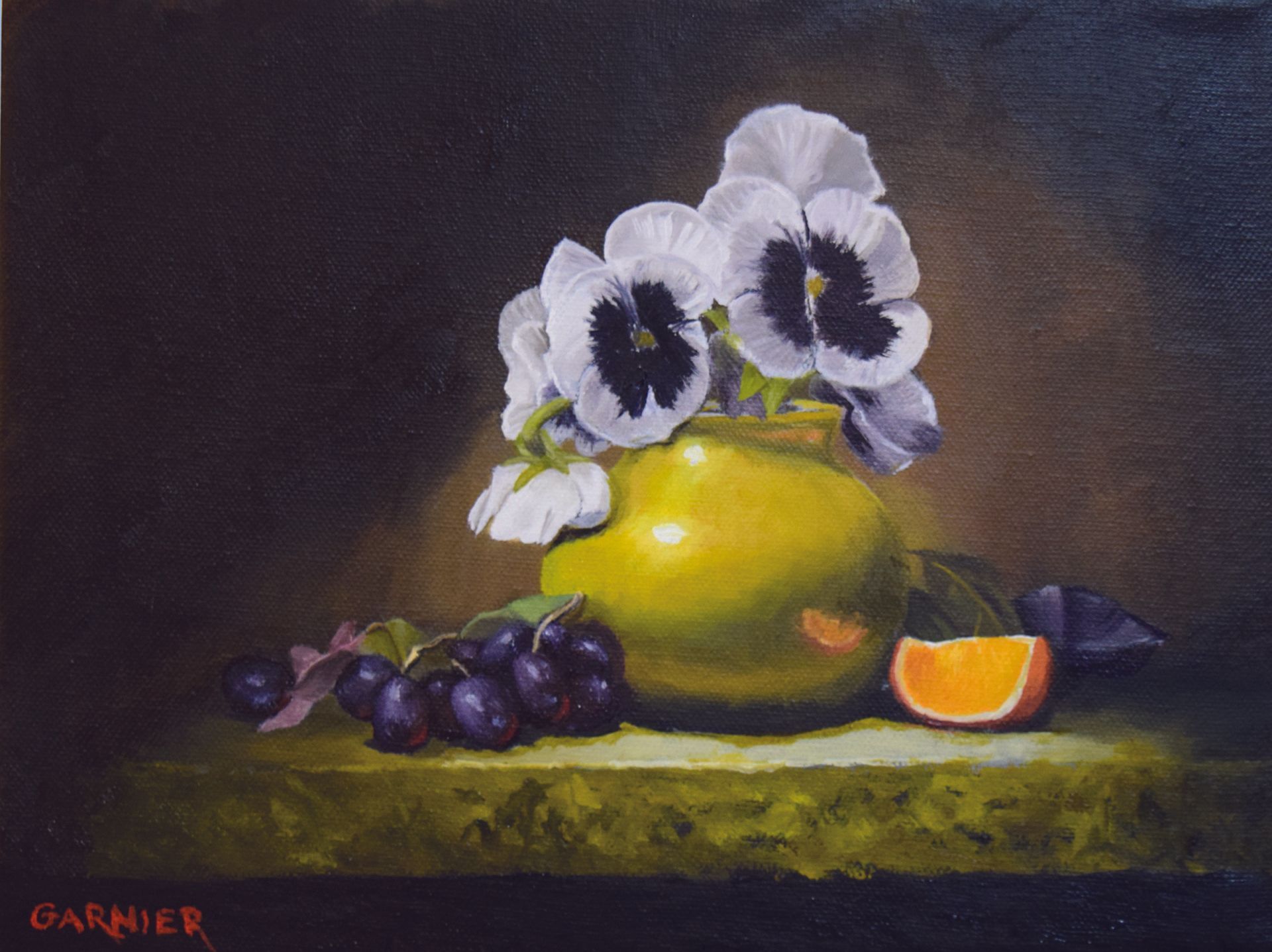 A painting of flowers in a green vase by garnier