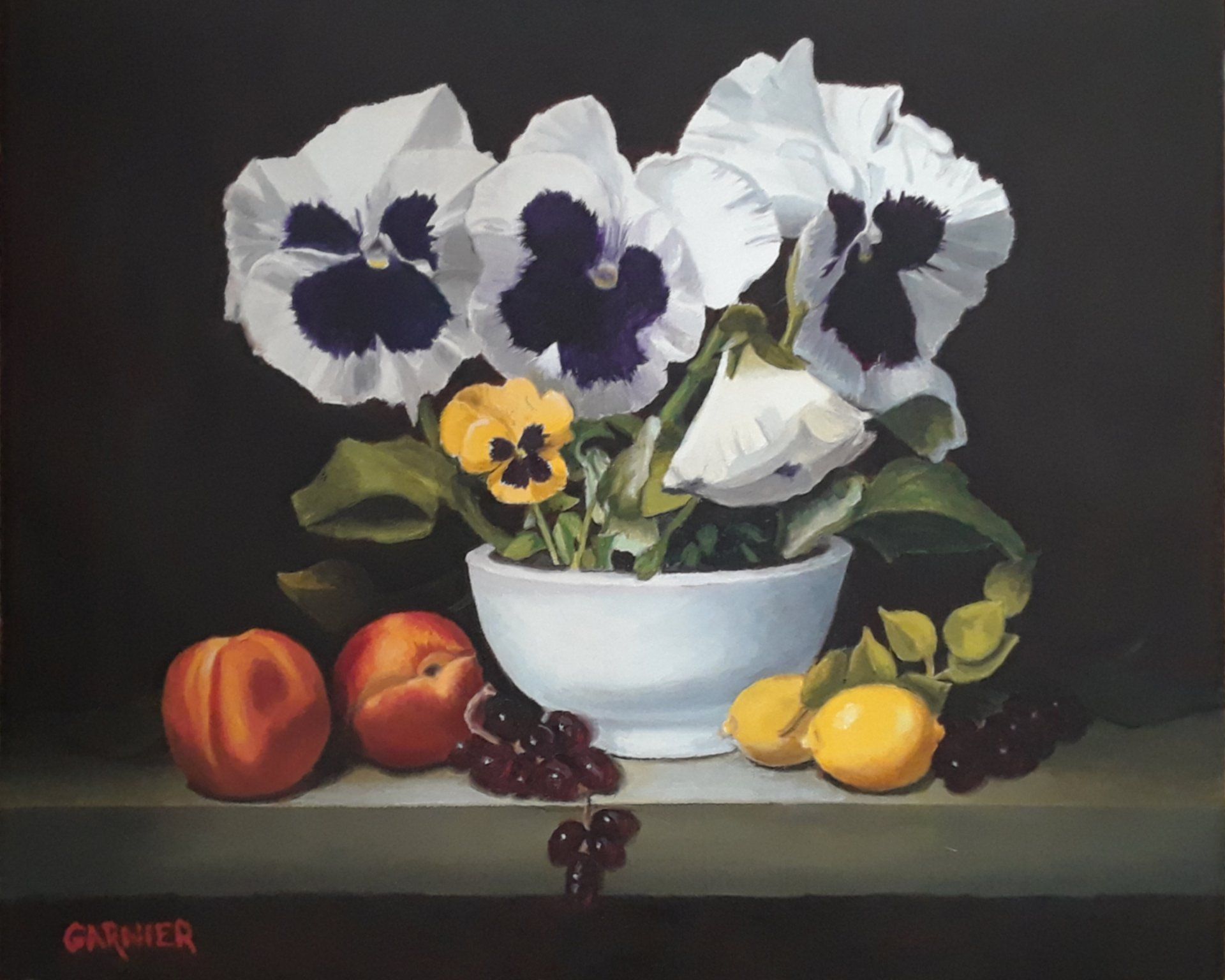 A painting of flowers in a white bowl surrounded by fruit