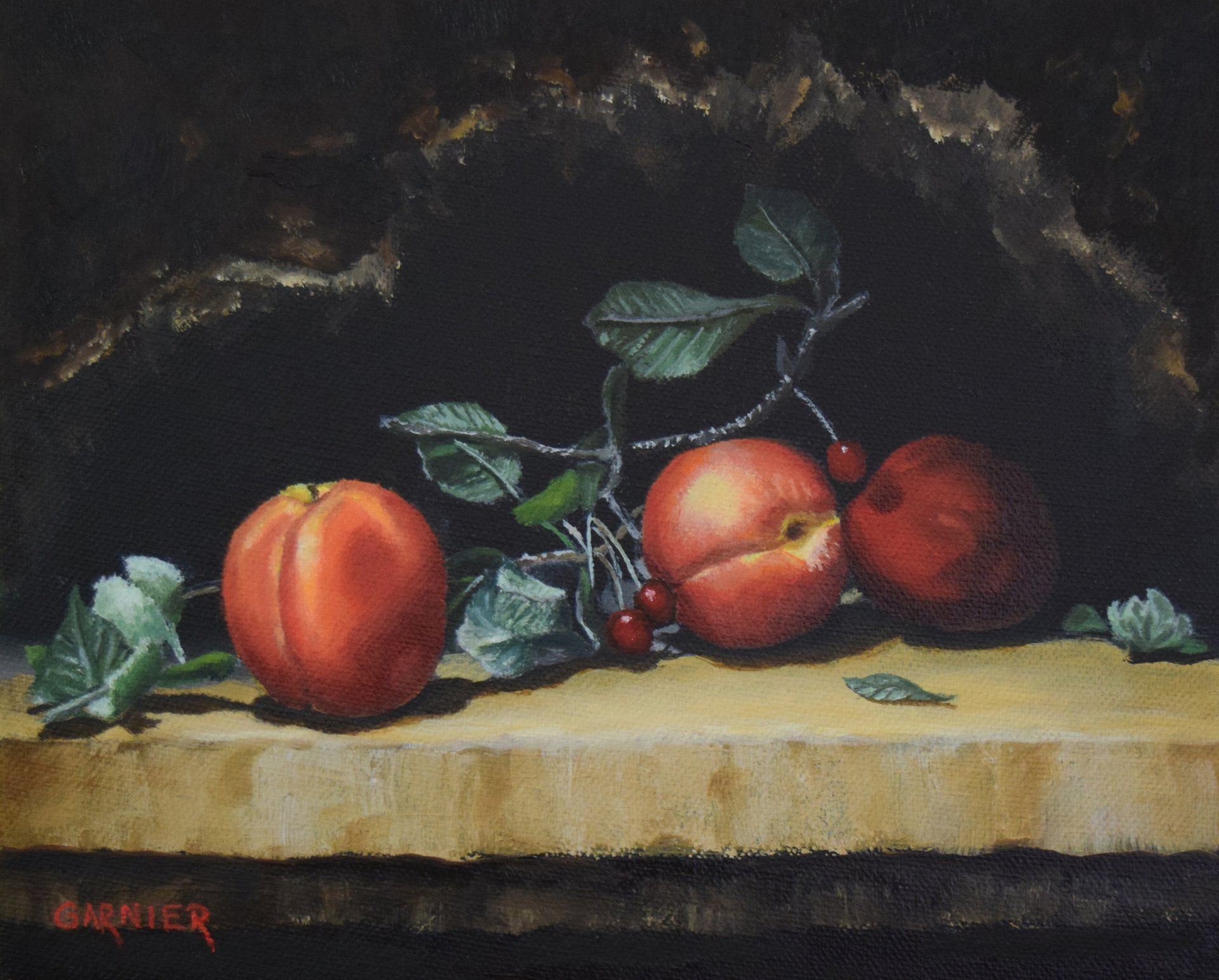 A painting of apples and cherries by barnier