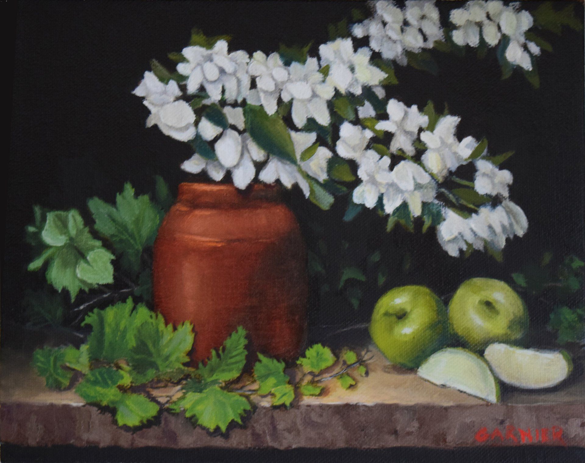 A painting of a vase with white flowers and green apples