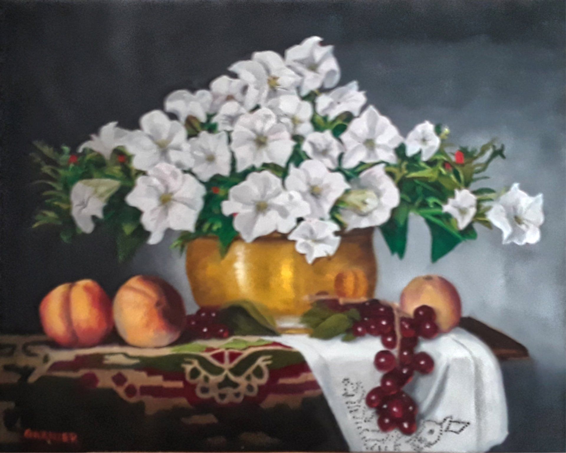 A painting of flowers peaches and grapes on a table