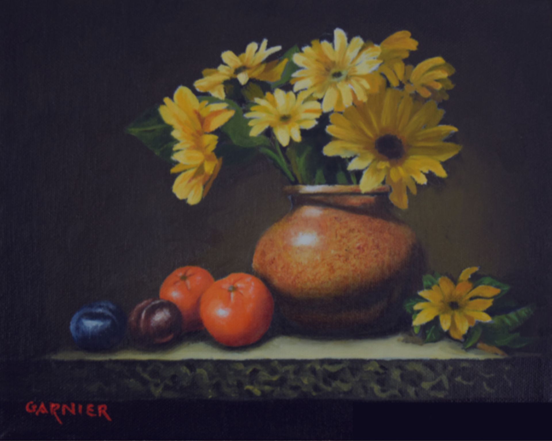 A painting of flowers and fruit by garnier