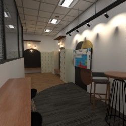 An interior hallway with cafe-style seating, colorful wall decor, and black track lighting.