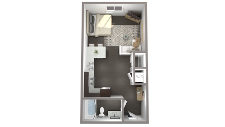 Floor plan of a studio apartment, featuring kitchen, bathroom, living and sleeping areas, and a washer/dryer.