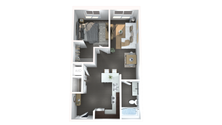 Floor plan of an apartment with a bedroom, living area, kitchen, and bathroom.