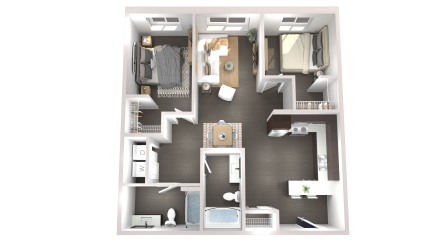 Floor plan of an apartment with two bedrooms, a living area, kitchen, and two bathrooms.